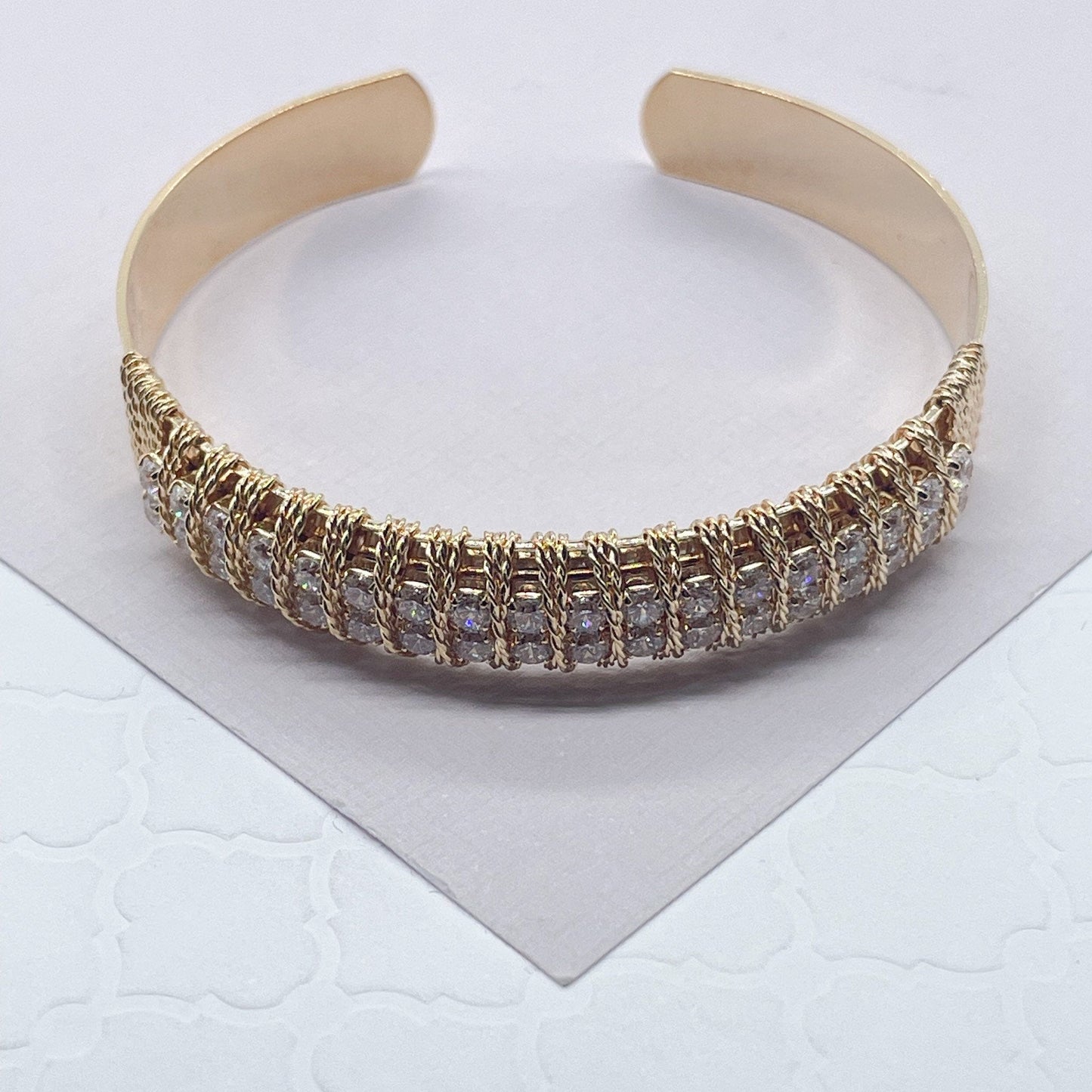 18k Gold Filled Flat Plain Cuff Bracelet Hand Wrapped Twisted Gold Thread Featuring Two Rows Of Cubic Zirconia Stones Jewelry