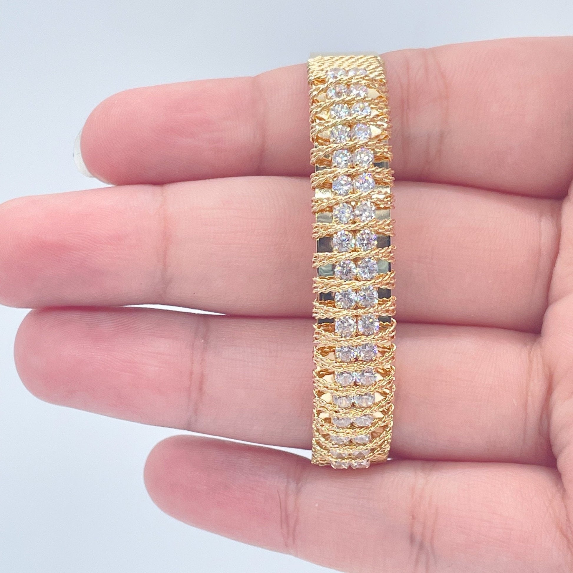 18k Gold Filled Flat Plain Cuff Bracelet Hand Wrapped Twisted Gold Thread Featuring Two Rows Of Cubic Zirconia Stones Jewelry