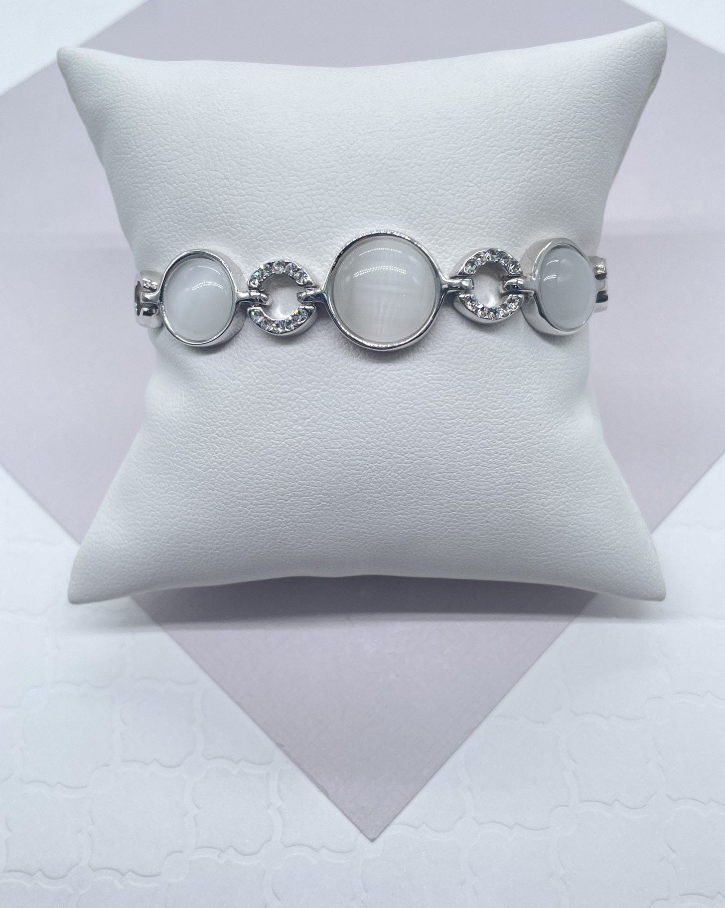 Silver Filled Cuff Bracelet with Milky White Colored Stones and Zirconia Setting Jewelry