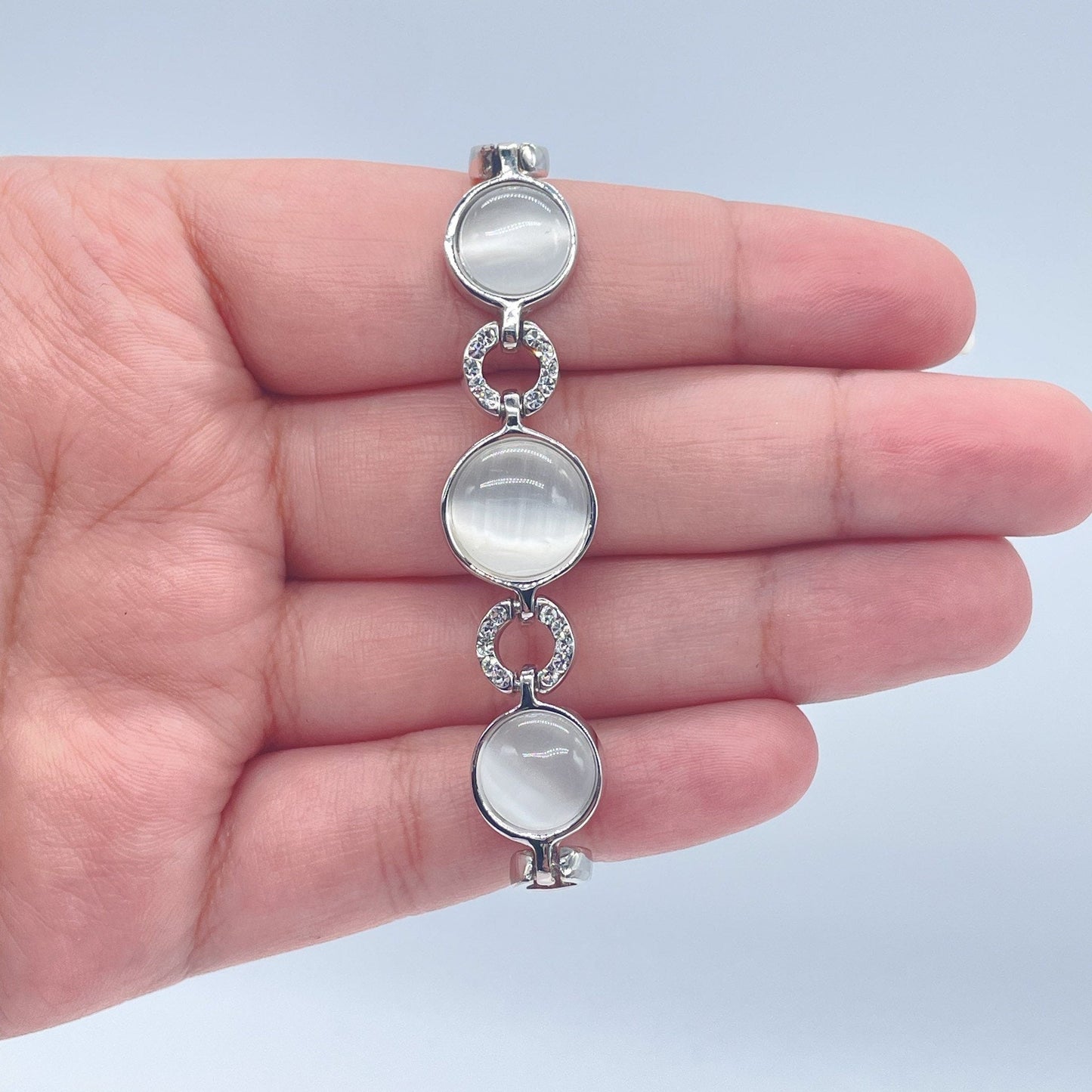 Silver Filled Cuff Bracelet with Milky White Colored Stones and Zirconia Setting Jewelry