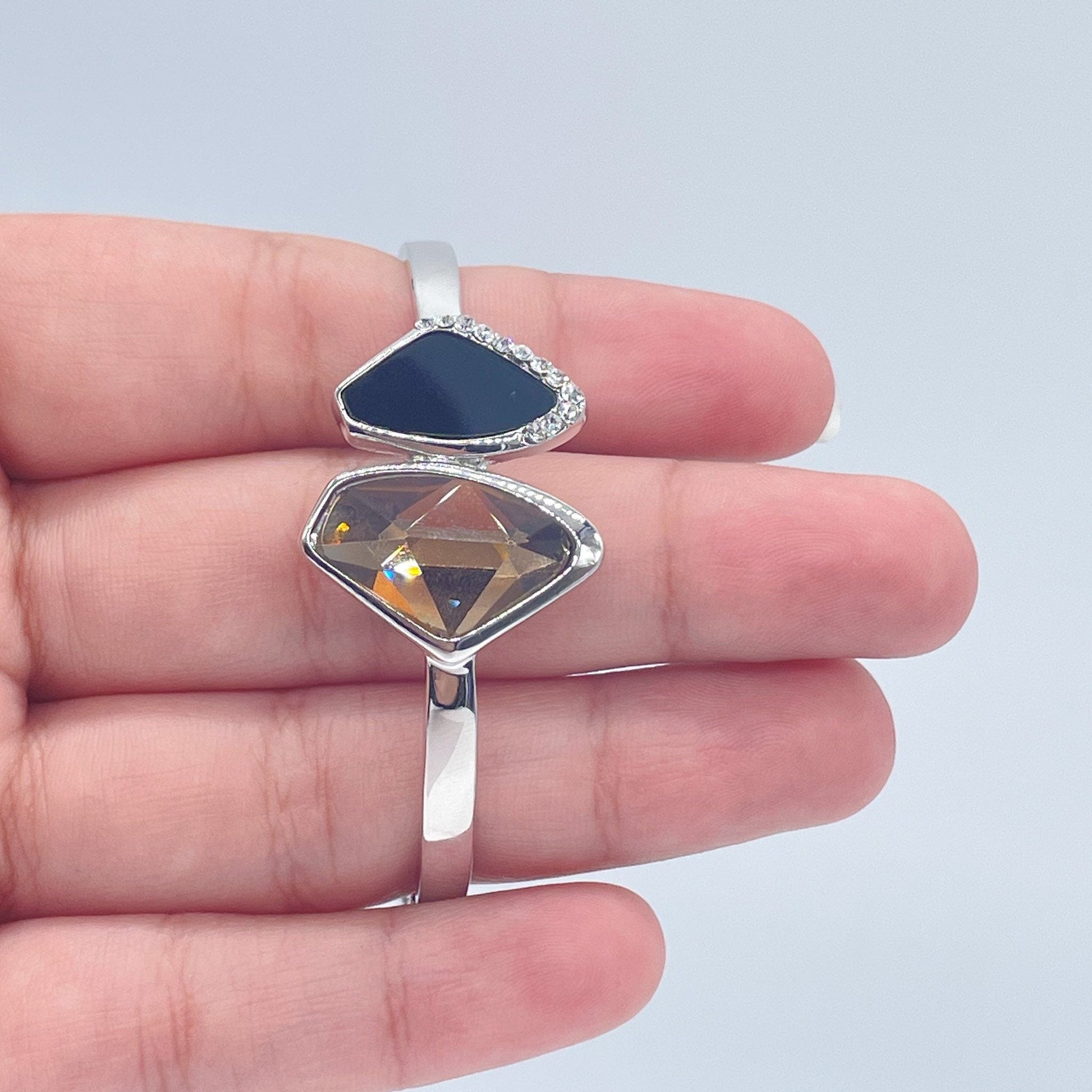 Silver Filled Cuff Bracelet With Simulated Soft Brown and Black Stones Partially Layered With Micro Pave Cubic Zirconia