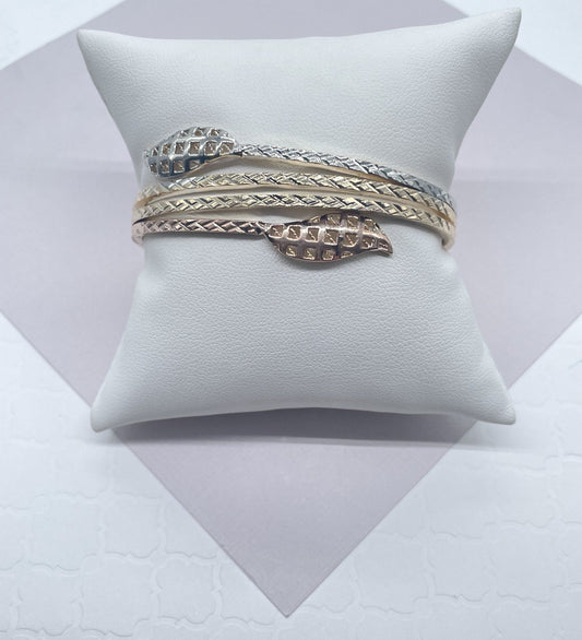 18k Gold Filled Tri-Color Cuff Bracelet Featuring Texture Leaves On Two Ends,