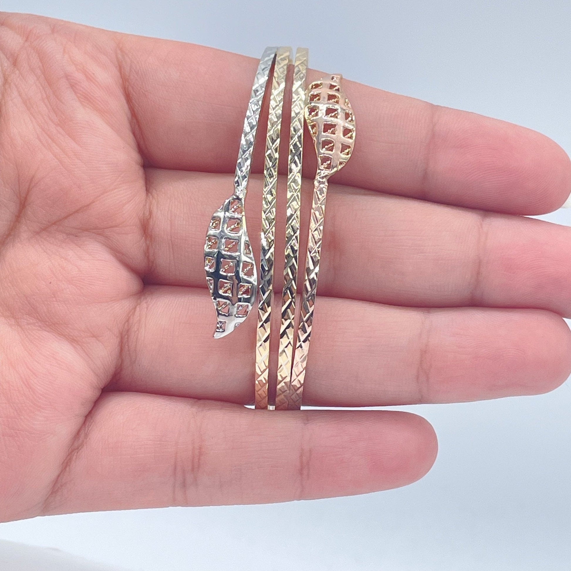 18k Gold Filled Tri-Color Cuff Bracelet Featuring Texture Leaves On Two Ends,