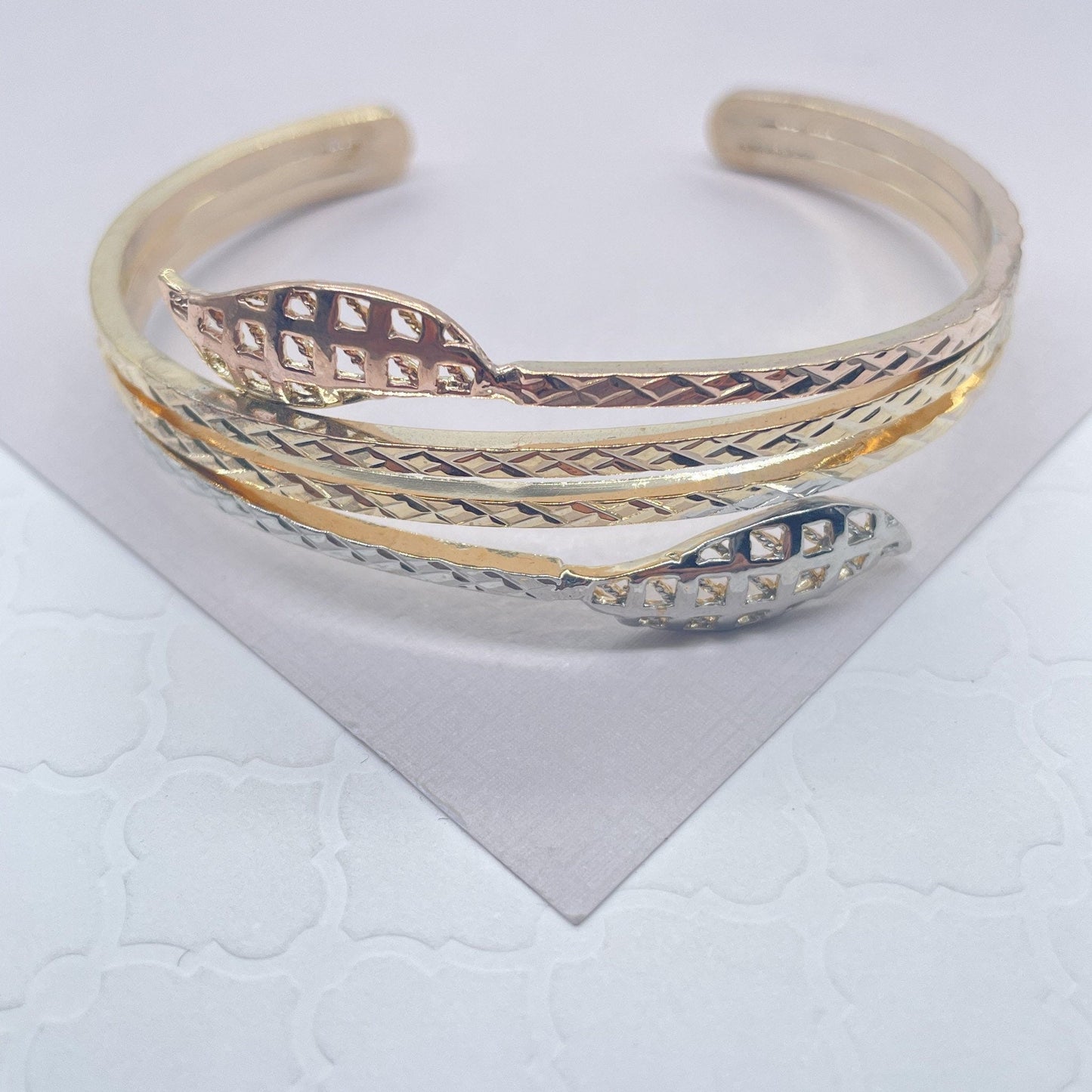 18k Gold Filled Tri-Color Cuff Bracelet Featuring Texture Leaves On Two Ends,
