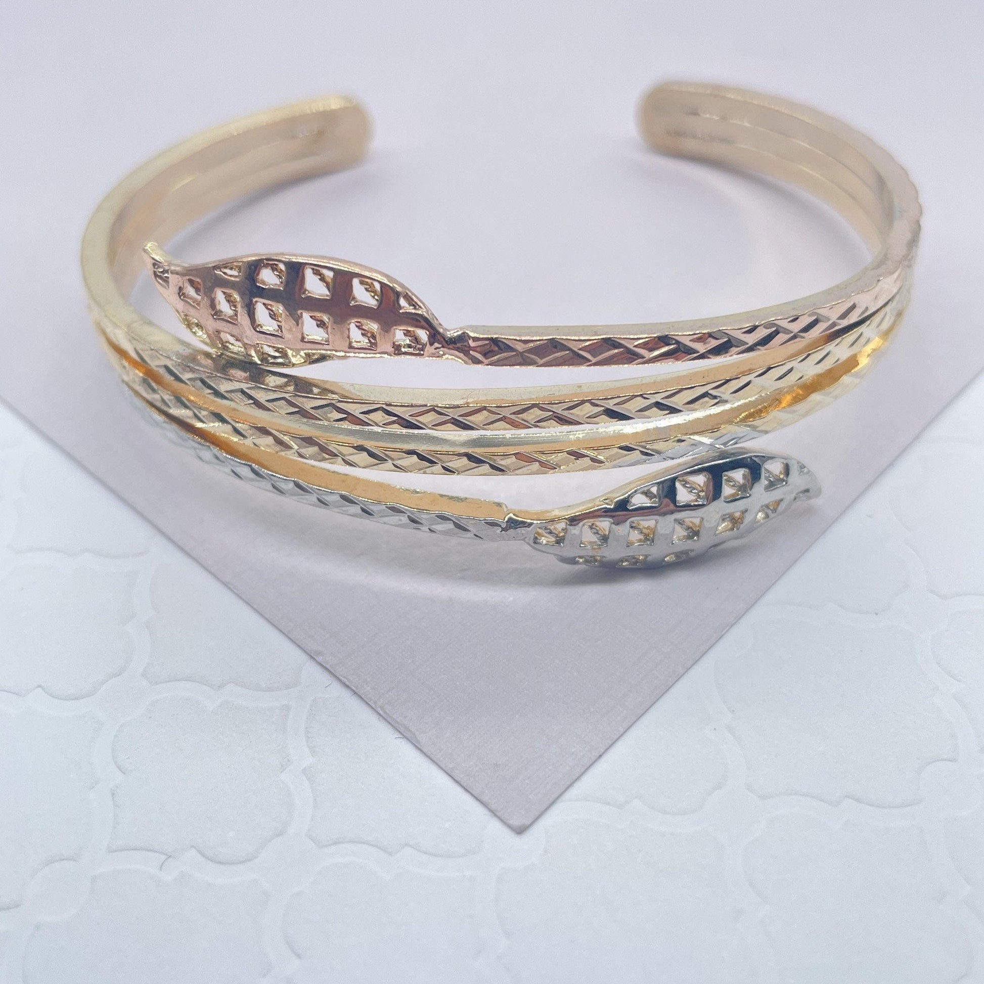 18k Gold Filled Tri-Color Cuff Bracelet Featuring Texture Leaves On Two Ends,