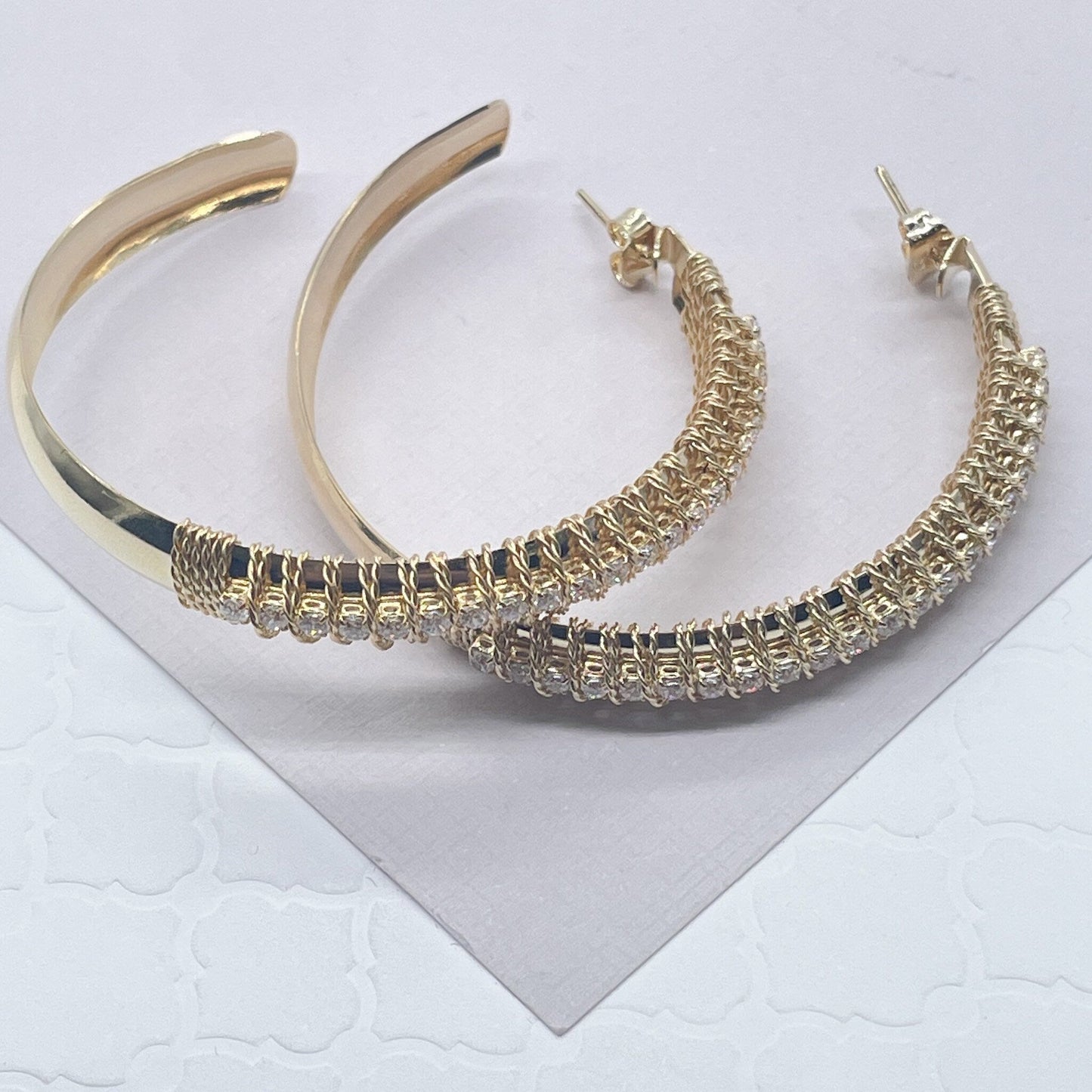 18k Gold Filled Hoop Earrings Hand Wrapped With Gold Twisted Thread With Cubic Zircon Stones Jewelry