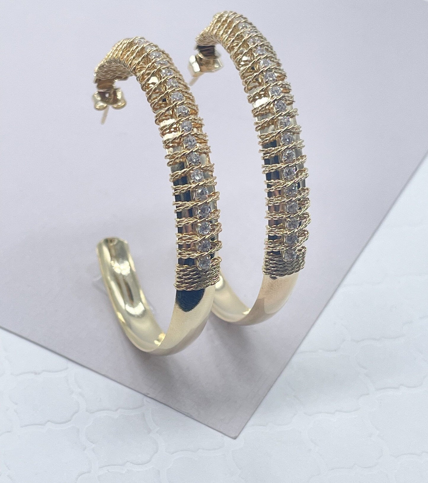 18k Gold Filled Hoop Earrings Hand Wrapped With Gold Twisted Thread With Cubic Zircon Stones Jewelry