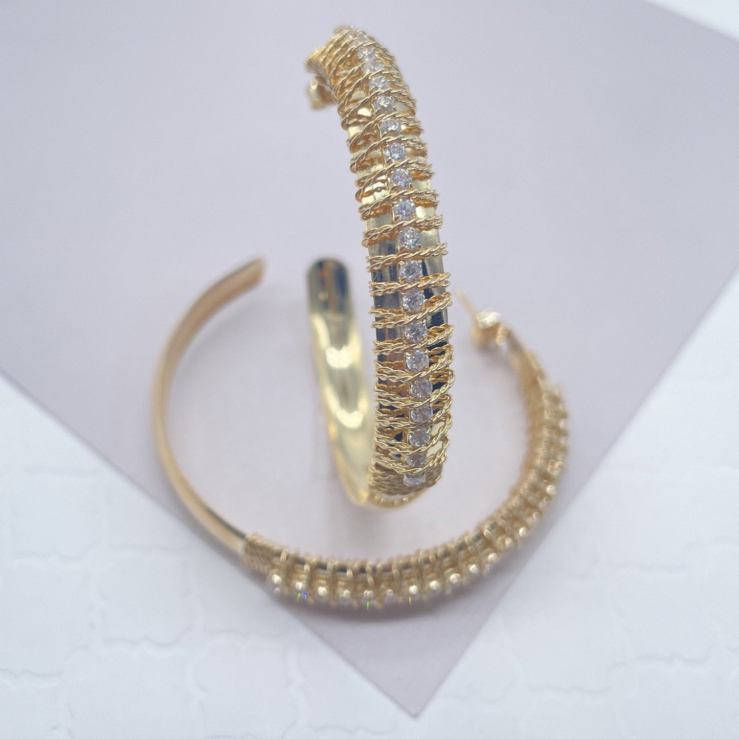 18k Gold Filled Hoop Earrings Hand Wrapped With Gold Twisted Thread With Cubic Zircon Stones Jewelry