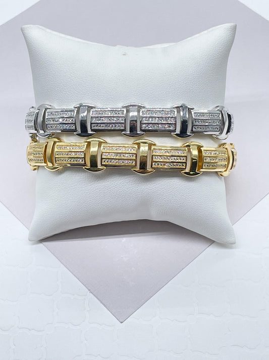 9mm Iced 18k Gold Filled Link Men's Bracelet Featuring Micro Pave Cubic Zirconia Stones Jewelry