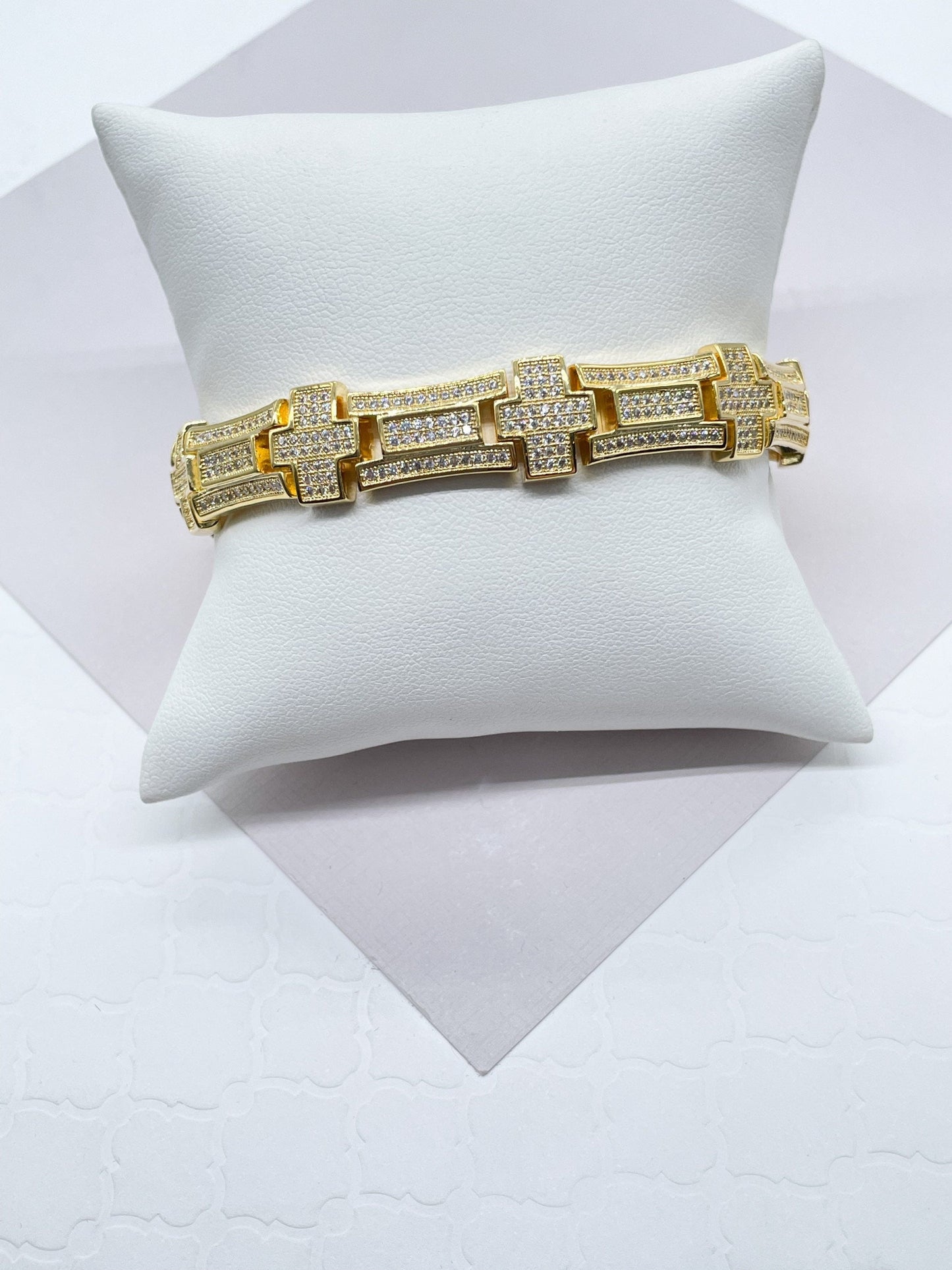 9mm Iced 18k Gold Filled Men's Cross Link Bracelet With Micro Pave Clear Cubic Zirconia Stones Jewelry