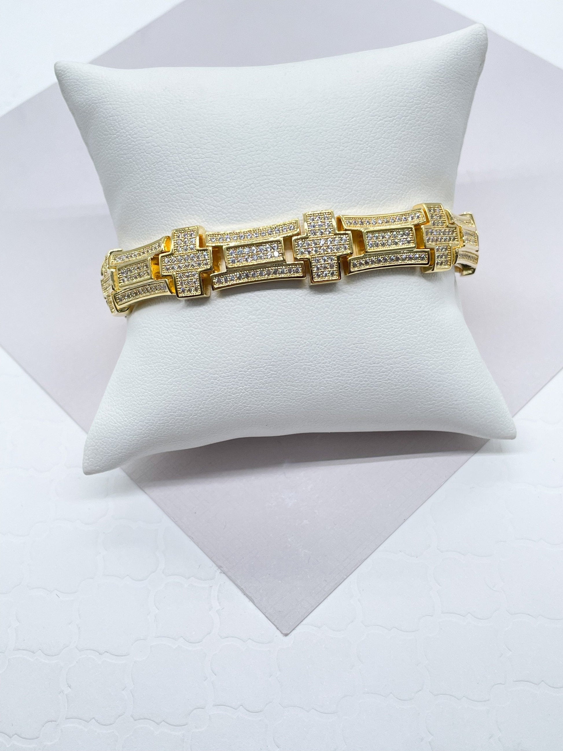 9mm Iced 18k Gold Filled Men's Cross Link Bracelet With Micro Pave Clear Cubic Zirconia Stones Jewelry