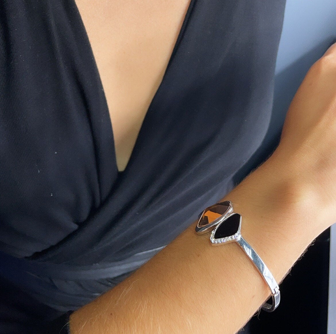 Silver Filled Cuff Bracelet With Simulated Soft Brown and Black Stones Partially Layered With Micro Pave Cubic Zirconia