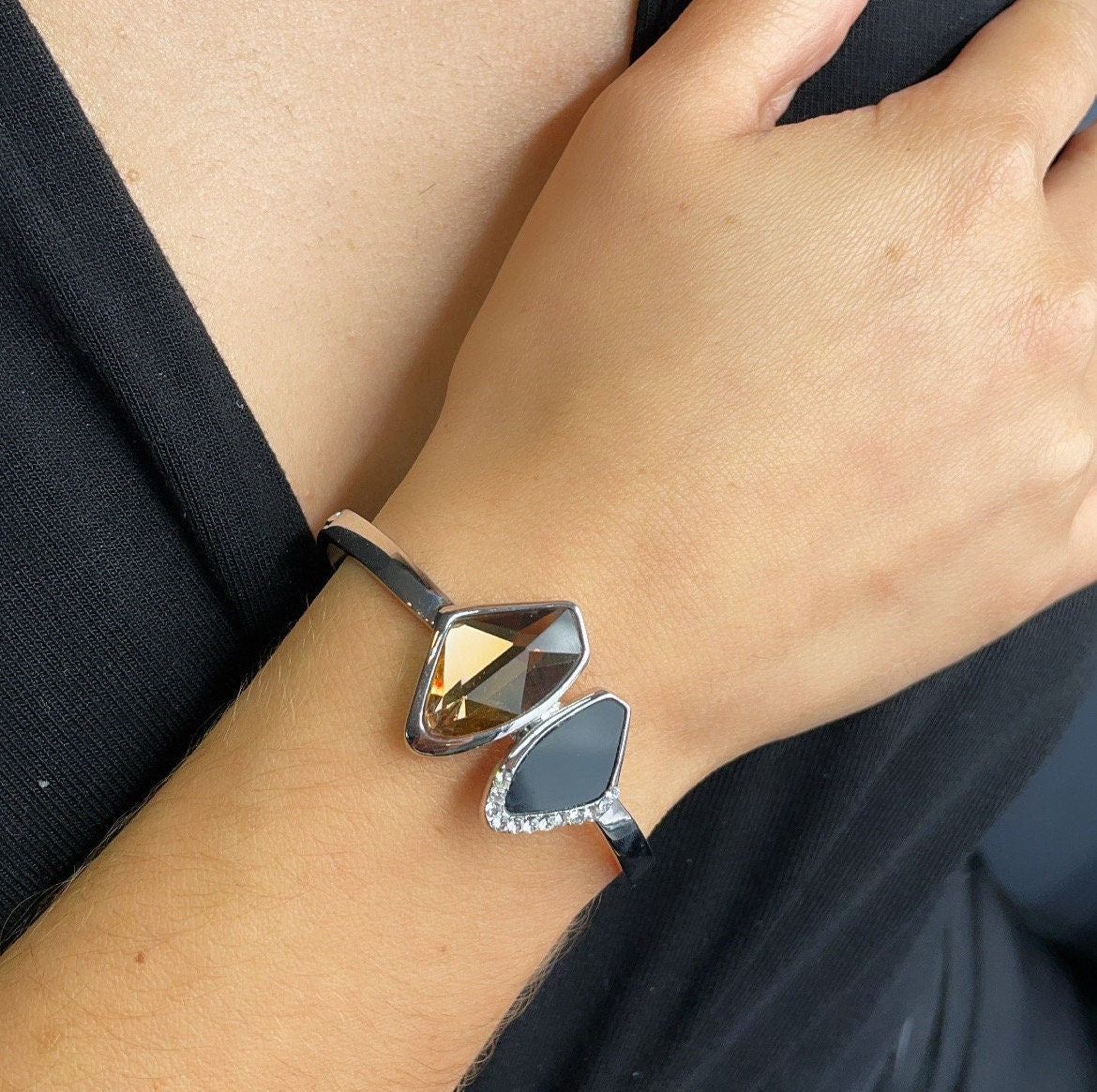 Silver Filled Cuff Bracelet With Simulated Soft Brown and Black Stones Partially Layered With Micro Pave Cubic Zirconia