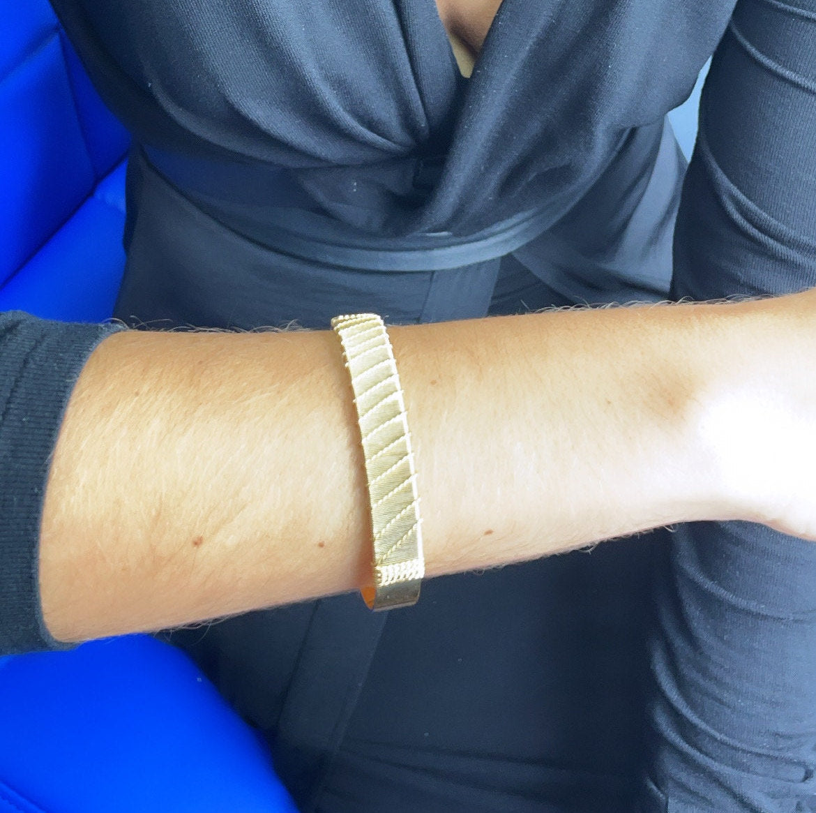 18k Gold Filled Flat Plain Cuff Bracelet Wrapped With Gold Thread, Gold