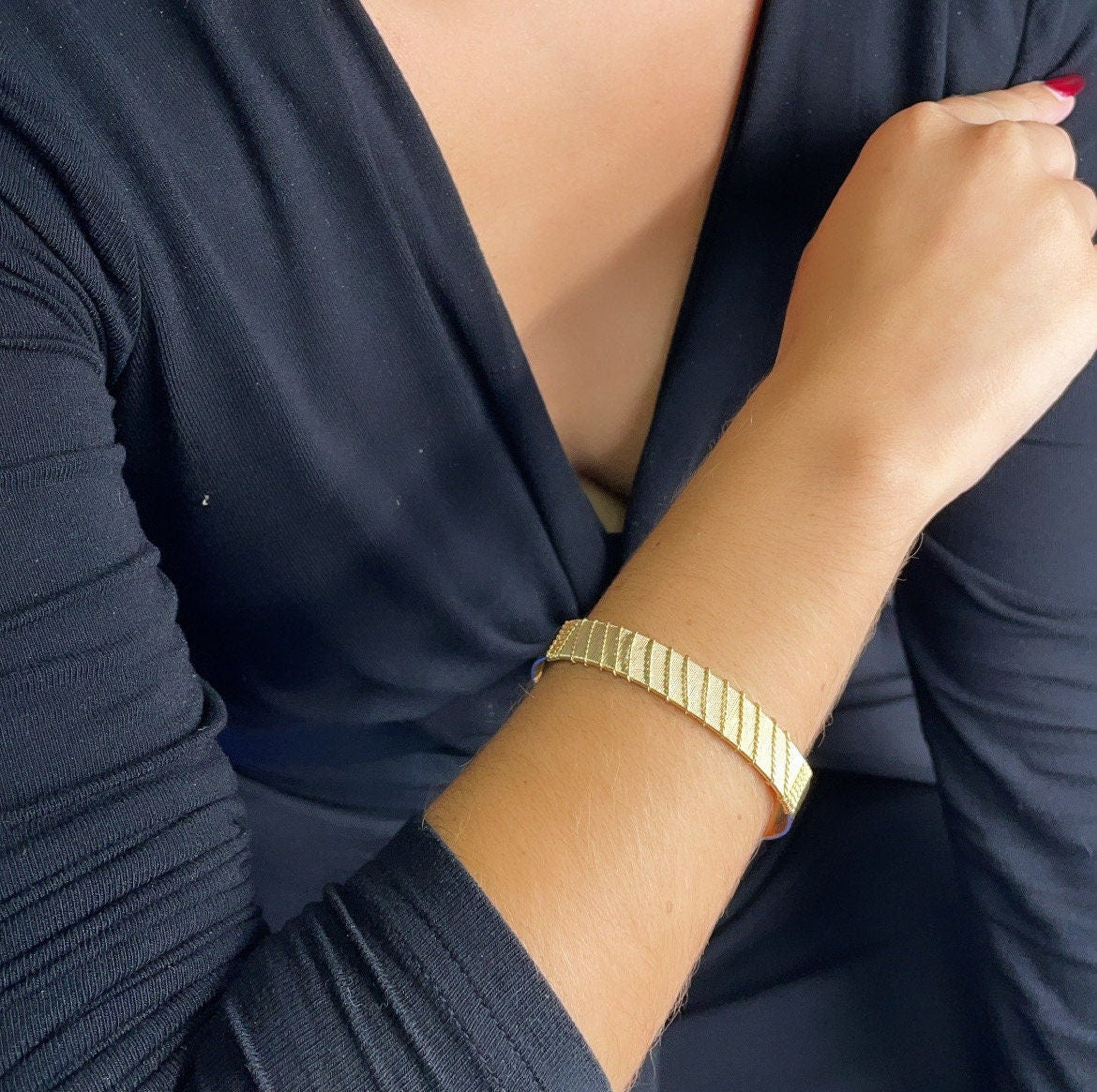 18k Gold Filled Flat Plain Cuff Bracelet Wrapped With Gold Thread, Gold