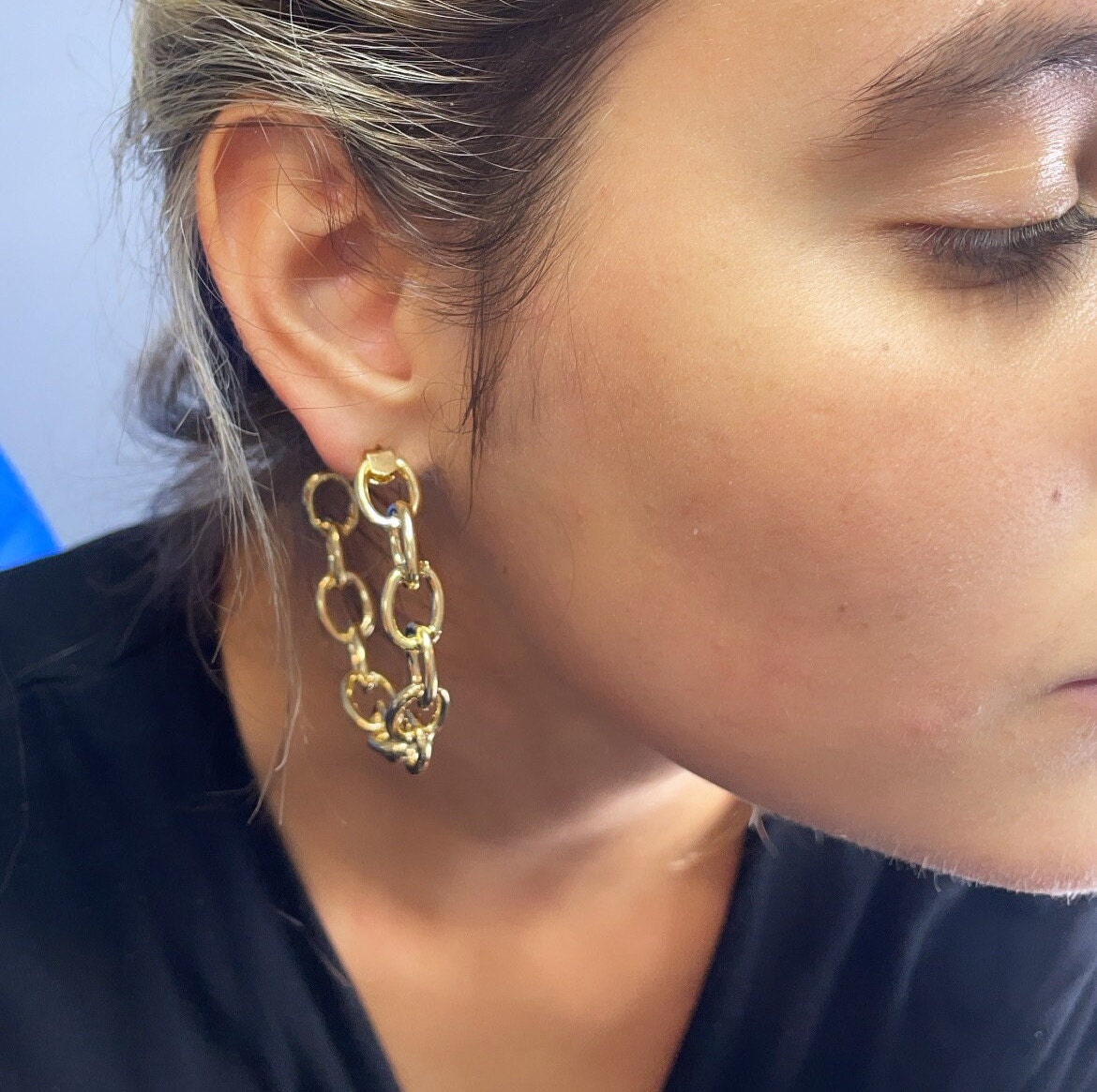 18k Gold Filled Link Chain Hoop Earrings, C-Hoops Large Cable Chain Link Style