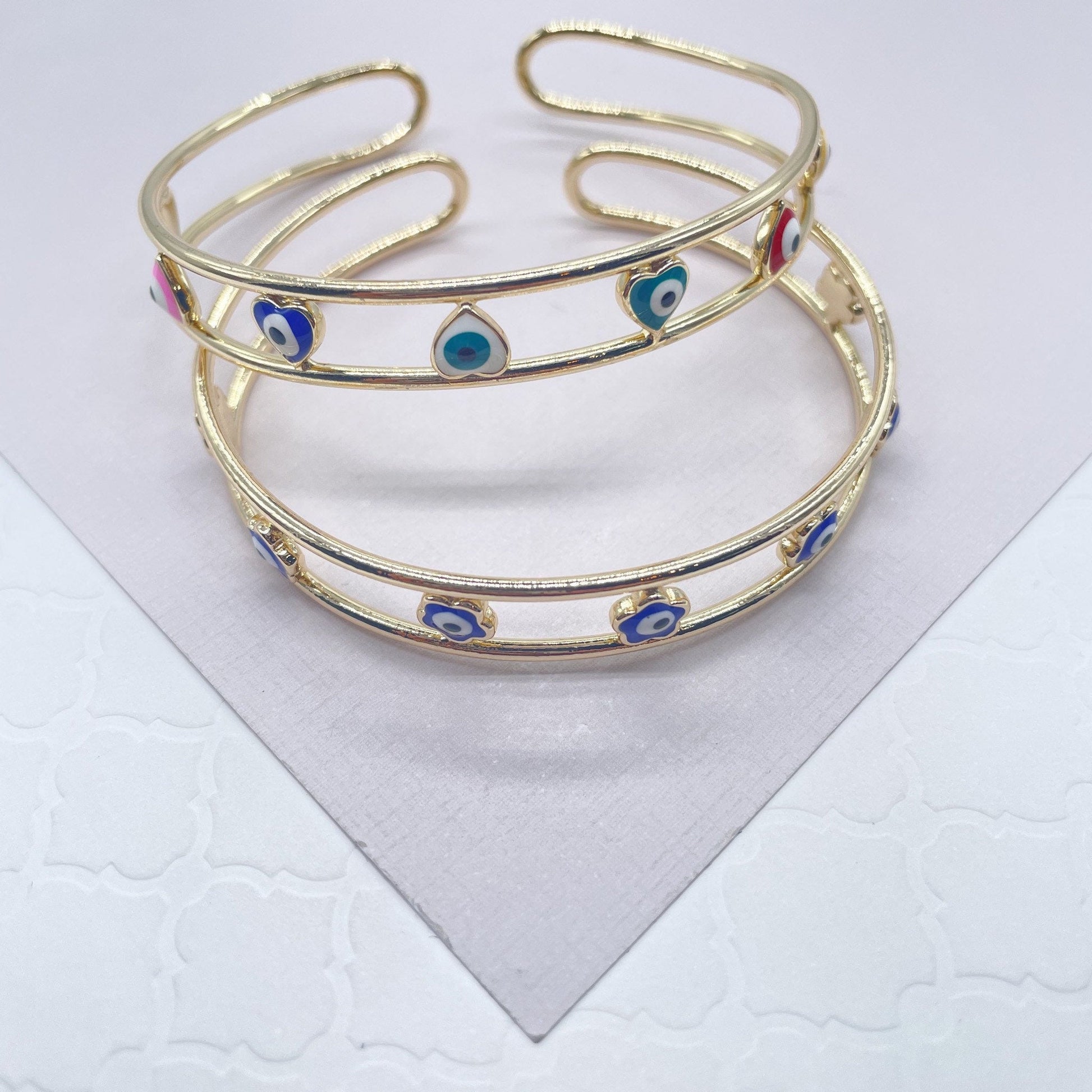 18k Gold Filled Colorful Evil Eye Cuff Bracelets Featuring Flower, Heart or Round Shape, Protection Jewelry