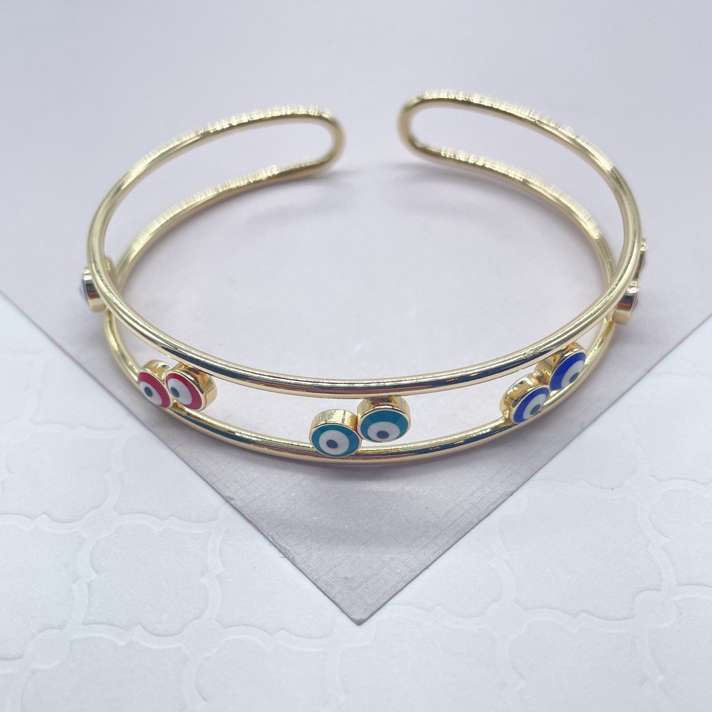 18k Gold Filled Colorful Evil Eye Cuff Bracelets Featuring Flower, Heart or Round Shape, Protection Jewelry
