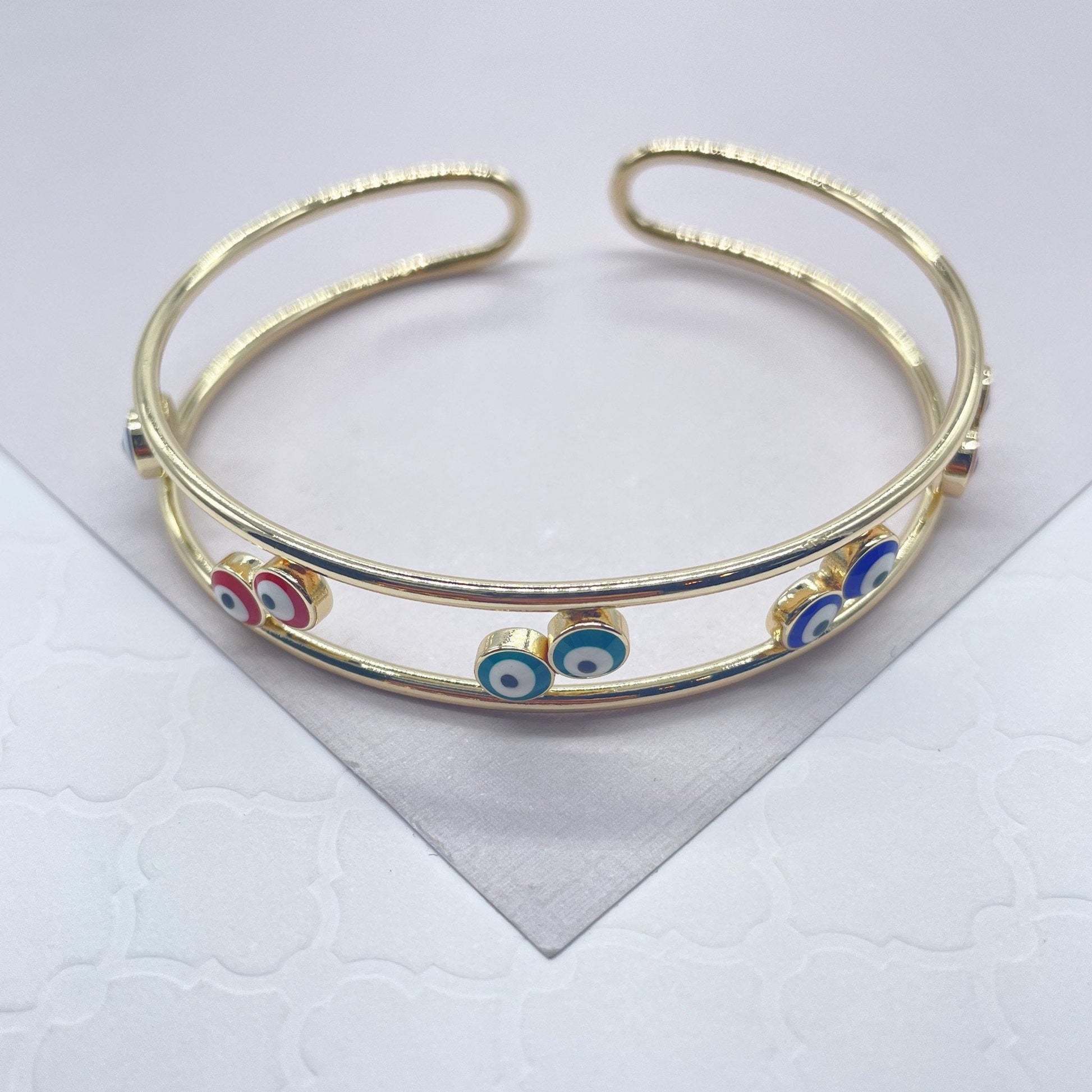 18k Gold Filled Colorful Evil Eye Cuff Bracelets Featuring Flower, Heart or Round Shape, Protection Jewelry