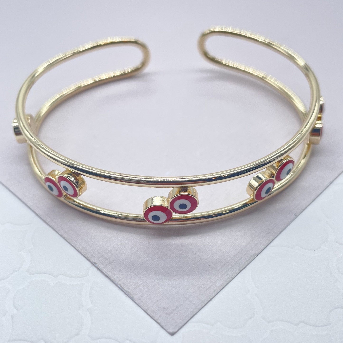 18k Gold Filled Colorful Evil Eye Cuff Bracelets Featuring Flower, Heart or Round Shape, Protection Jewelry