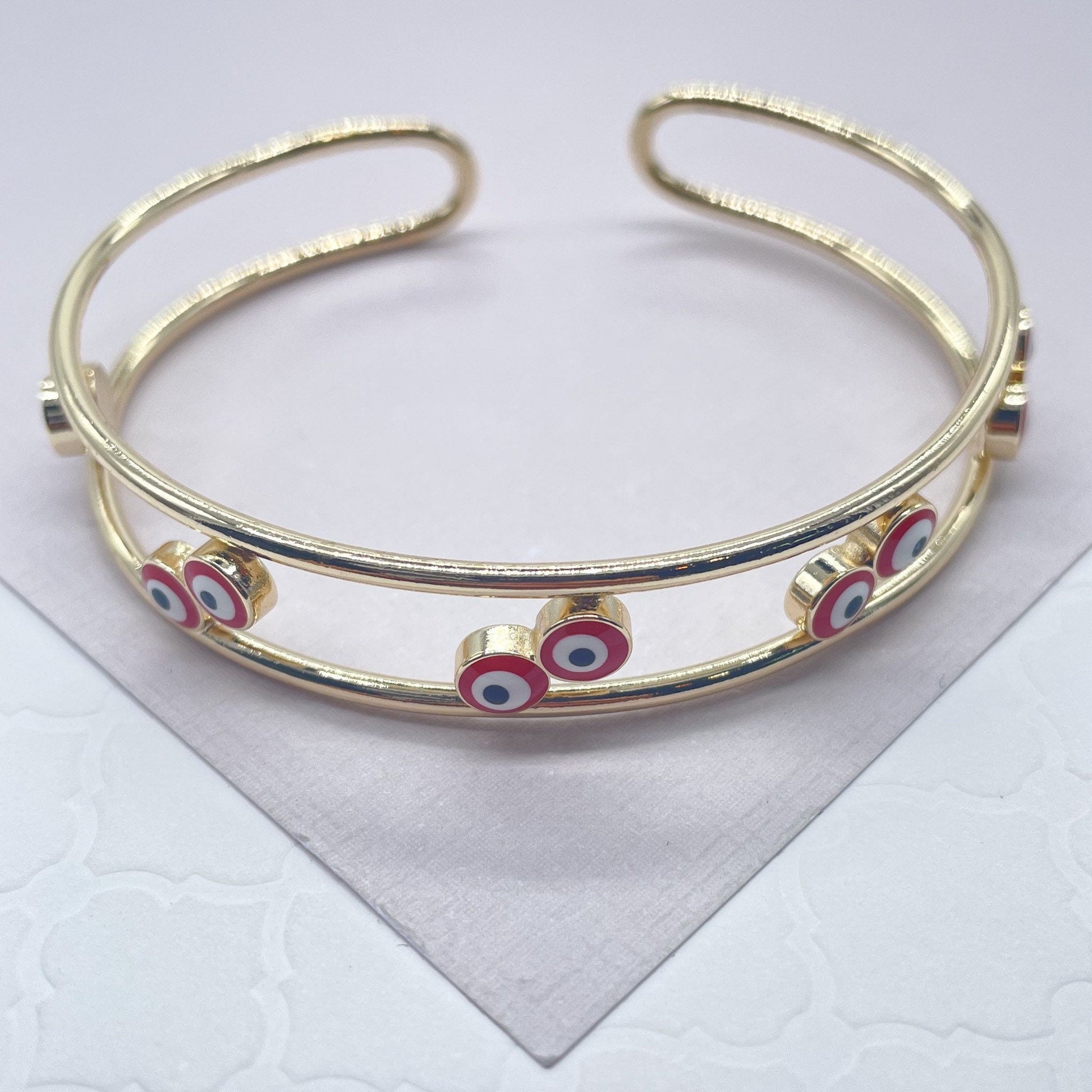 18k Gold Filled Colorful Evil Eye Cuff Bracelets Featuring Flower, Heart or Round Shape, Protection Jewelry