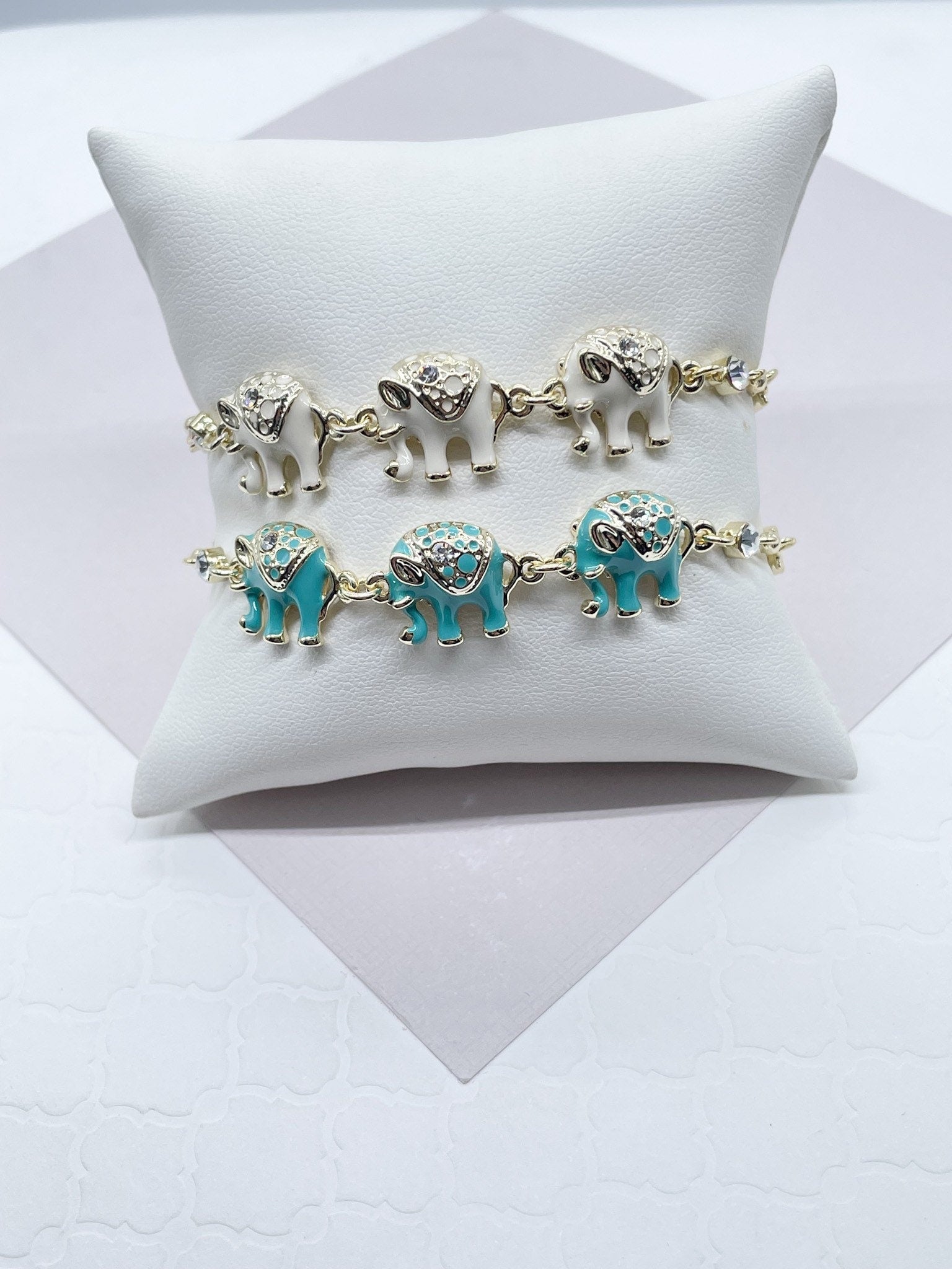 18k Gold Filled Multi Color Enamel Puffy Elephant Bracelets, Blue, Red, White and Black, Good tune Lucky Bracelet, Jewelry