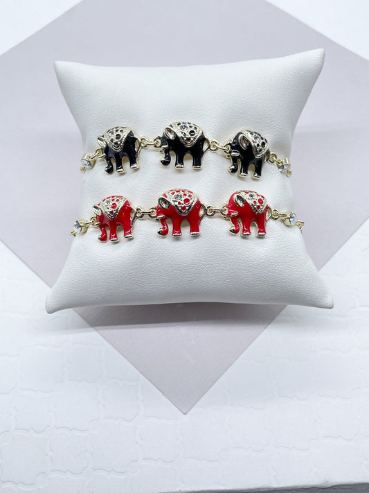 18k Gold Filled Multi Color Enamel Puffy Elephant Bracelets, Blue, Red, White