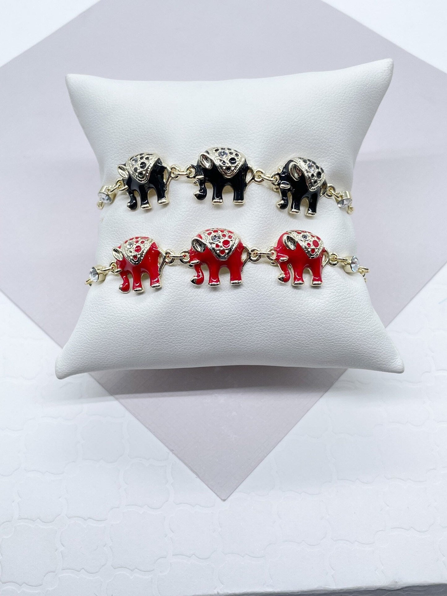 18k Gold Filled Multi Color Enamel Puffy Elephant Bracelets, Blue, Red, White and Black, Good tune Lucky Bracelet, Jewelry