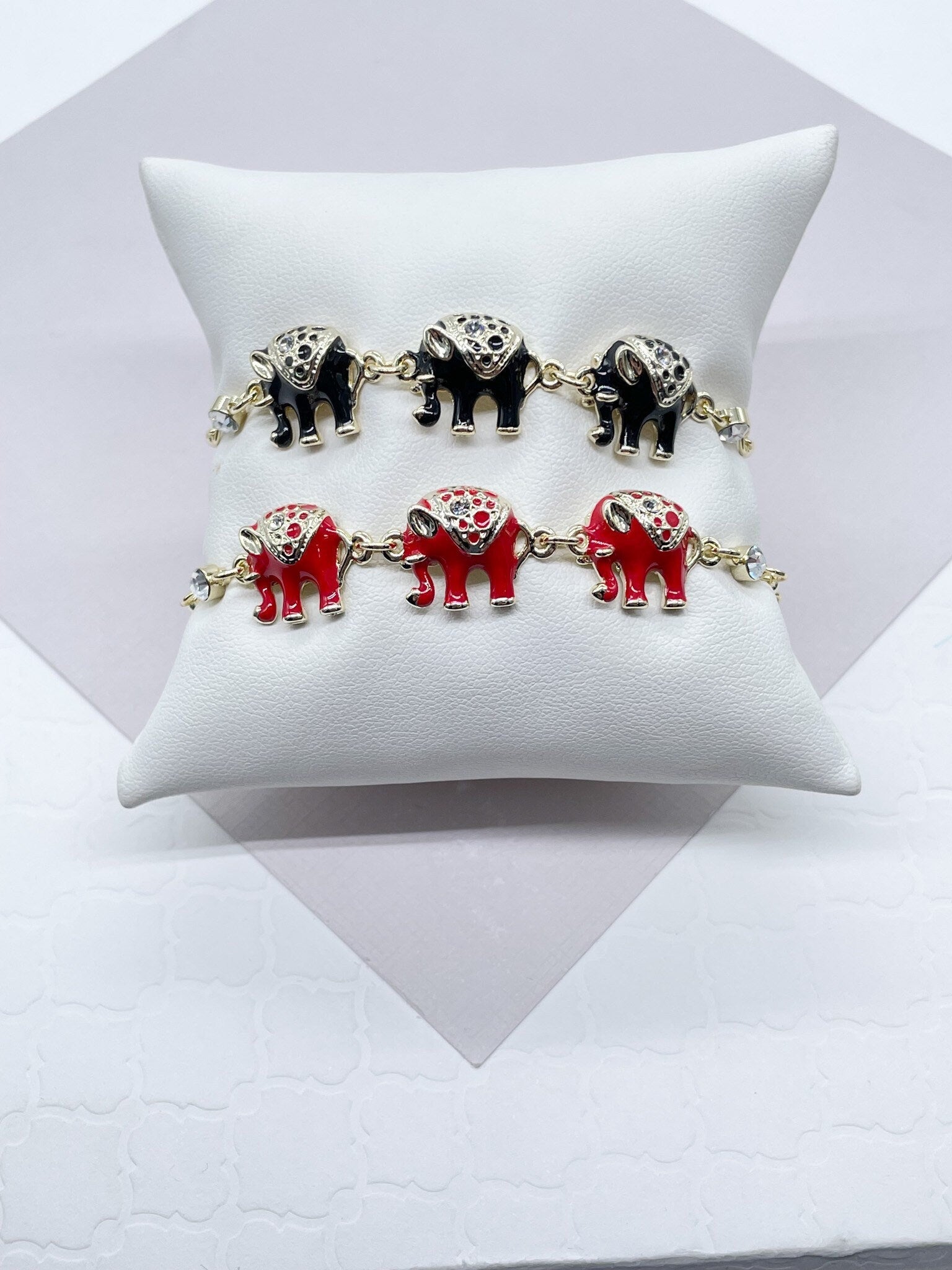 18k Gold Filled Multi Color Enamel Puffy Elephant Bracelets, Blue, Red, White and Black, Good tune Lucky Bracelet, Jewelry