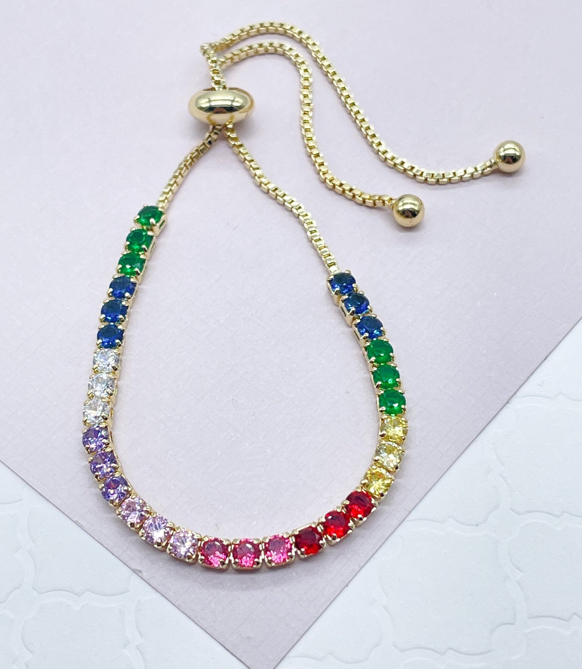 18k Gold Filled Colorful Cubic Zirconia Tennis Bracelet: Adjustable Arm Candy