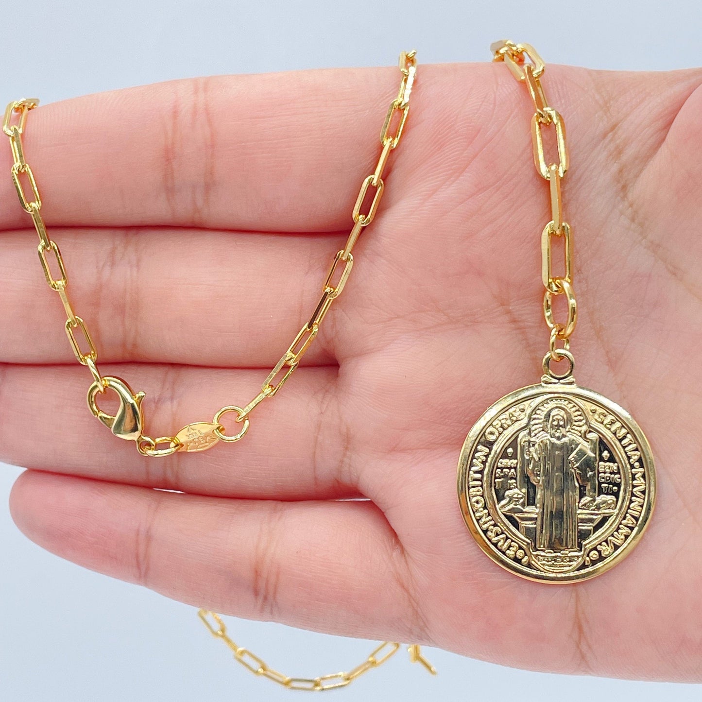 18k Gold Filled Paper Clip Chain Necklace Featuring Large Saint Benedict Pendant, San Benito Medalla Charm In Lariat Necklace