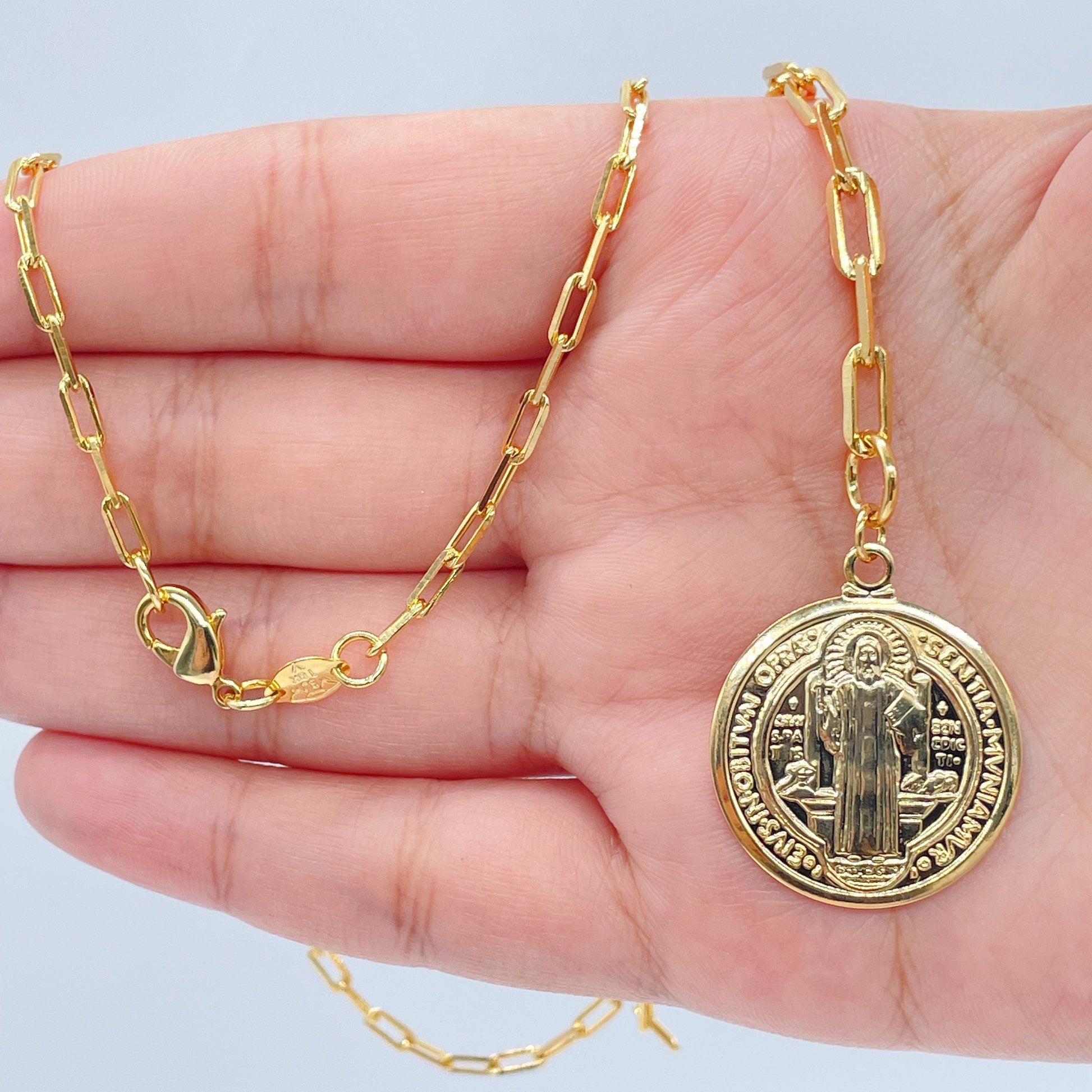 18k Gold Filled Paper Clip Chain Necklace Featuring Large Saint Benedict Pendant, San Benito Medalla Charm In Lariat Necklace