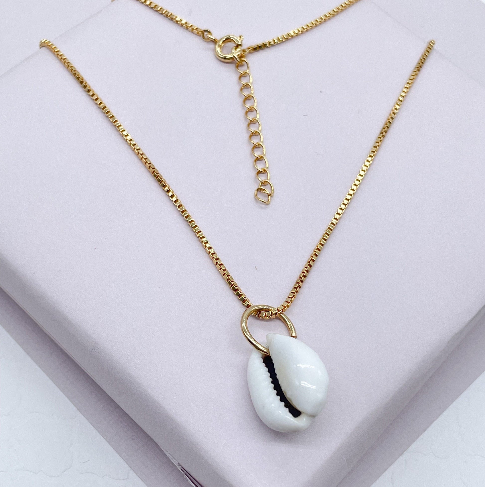 18k Gold Filled Box Chain With White Cowrie Shell Charm Necklace, Protection Pendant, Supplies