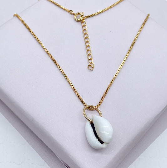 18k Gold Filled Box Chain With White Cowrie Shell Charm Necklace, Protection Pendant, Supplies
