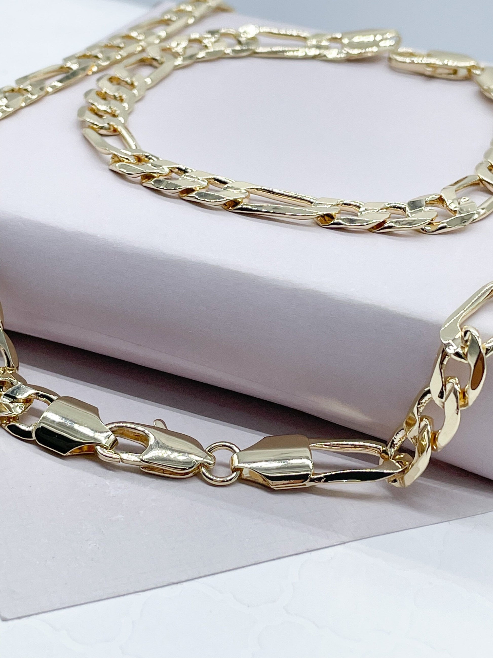 18k Gold Filled Flat Figaro 3X1 Set for Men, Sold Separately, Wholesale