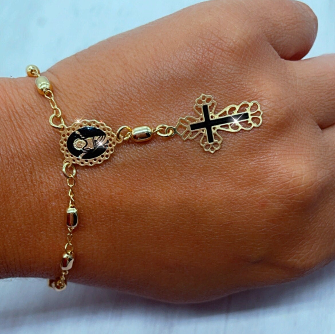 18k Gold Filled Rosary Bracelet with Baby Jesus Coin Medal Pendant And Black Enamel Cross