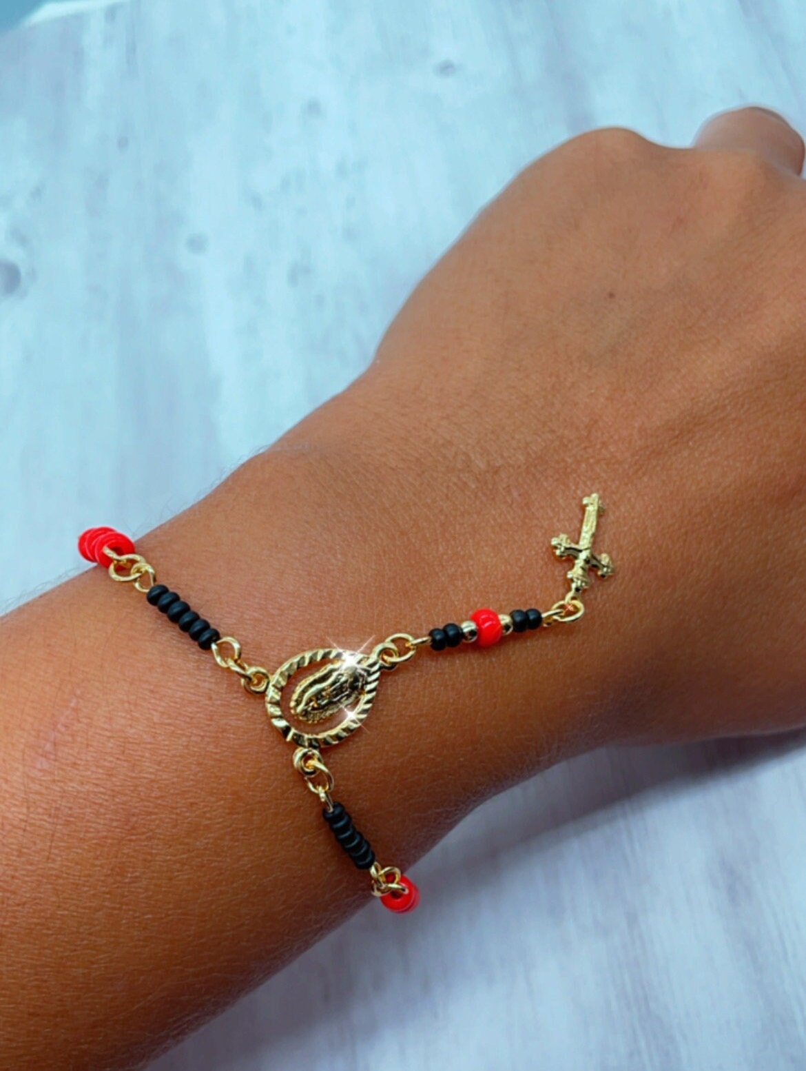 18k Gold Filled Protection Beaded Rosary Bracelet Featuring Our Lady of Guadalupe With Crucifix Cross