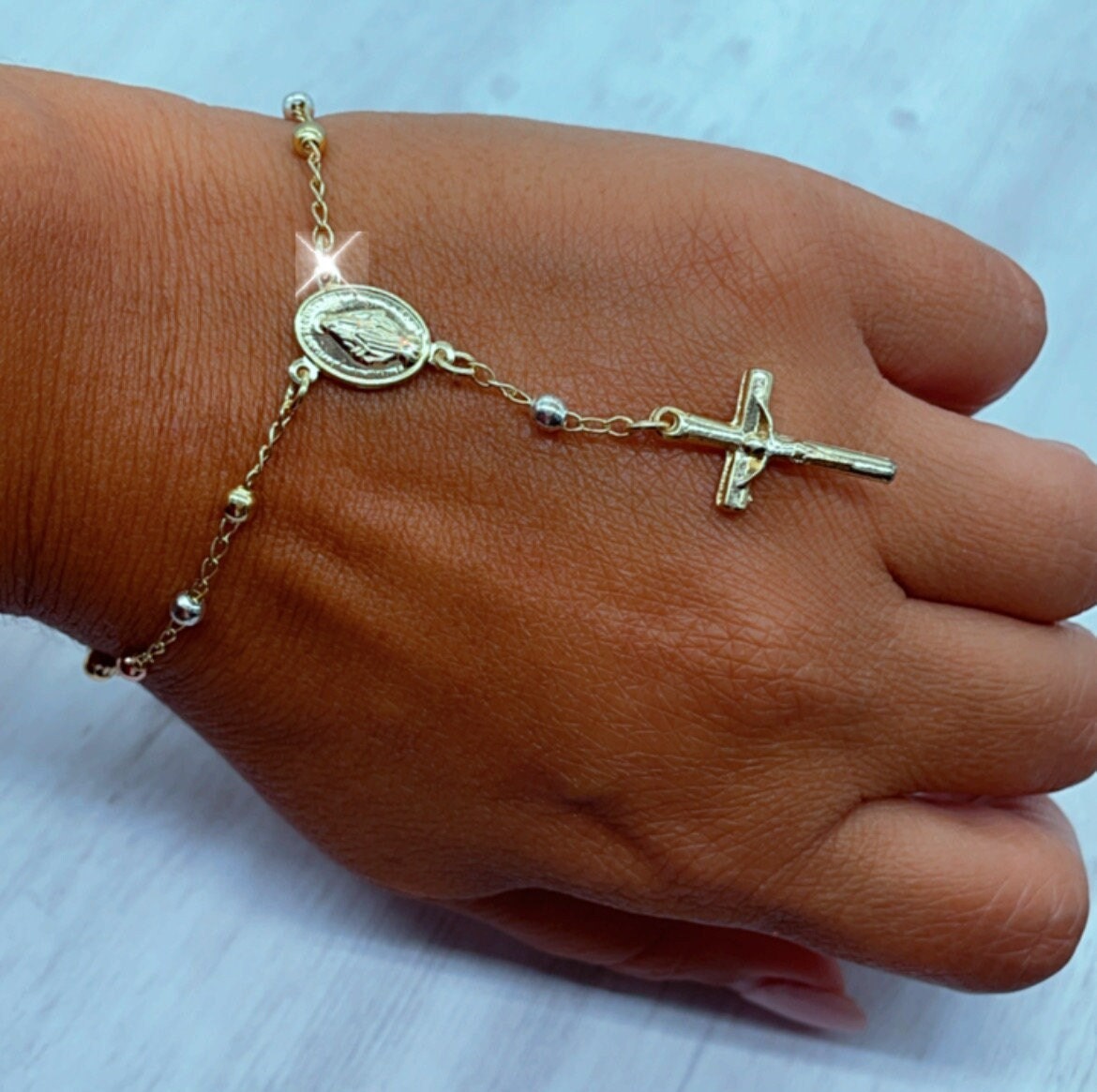18k Gold Filled Tri Color Rosary Bracelet with Miraculous Coin Medal Lady Of