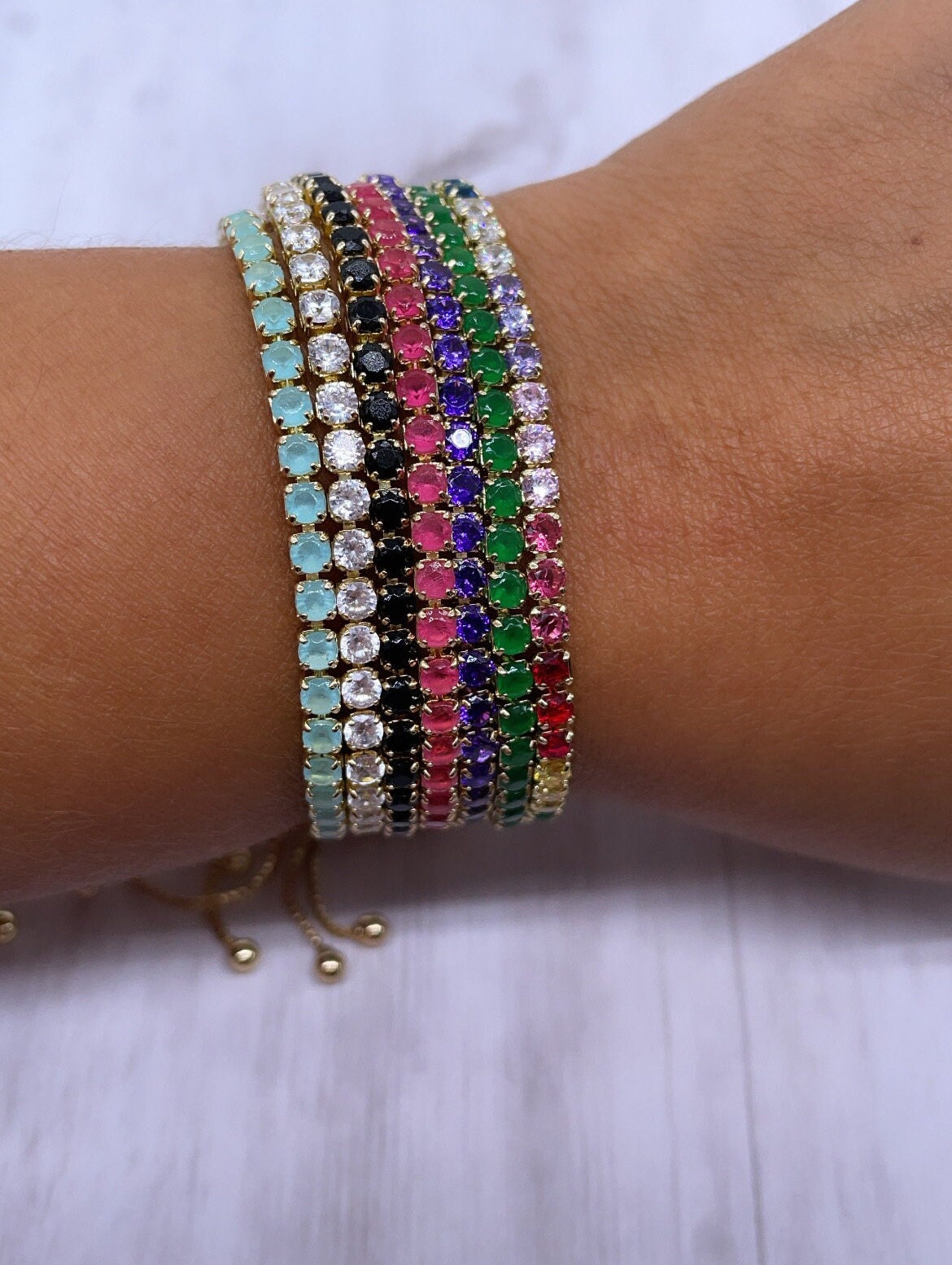18k Gold Filled Colorful Cubic Zirconia Adjustable Bracelet , Arm Candy Jewelry,