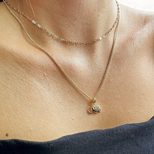 18k Gold Filled Layered Necklace: Elephant Charm, Good Luck Jewelry