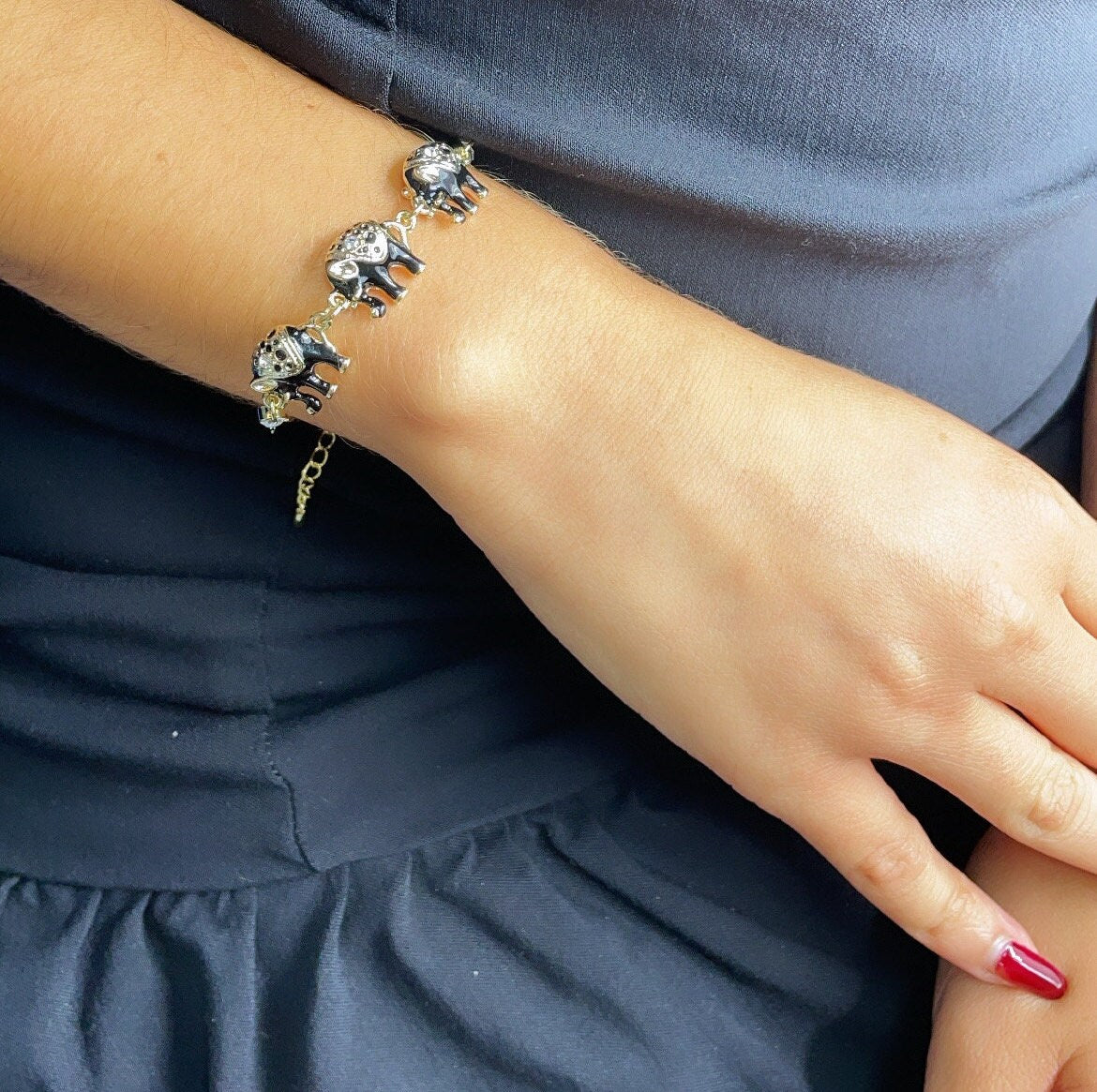 18k Gold Filled Multi Color Enamel Puffy Elephant Bracelets, Blue, Red, White and Black, Good tune Lucky Bracelet, Jewelry