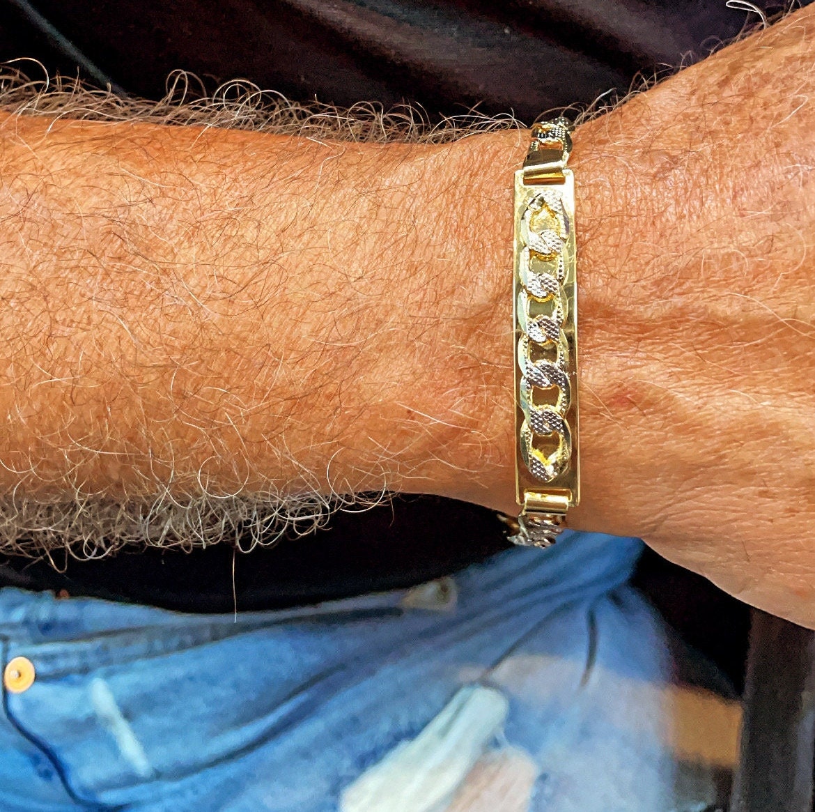 9mm 18k Gold Filled Two Tone Unisex ID Bracelet Featuring Curb Chain Detail