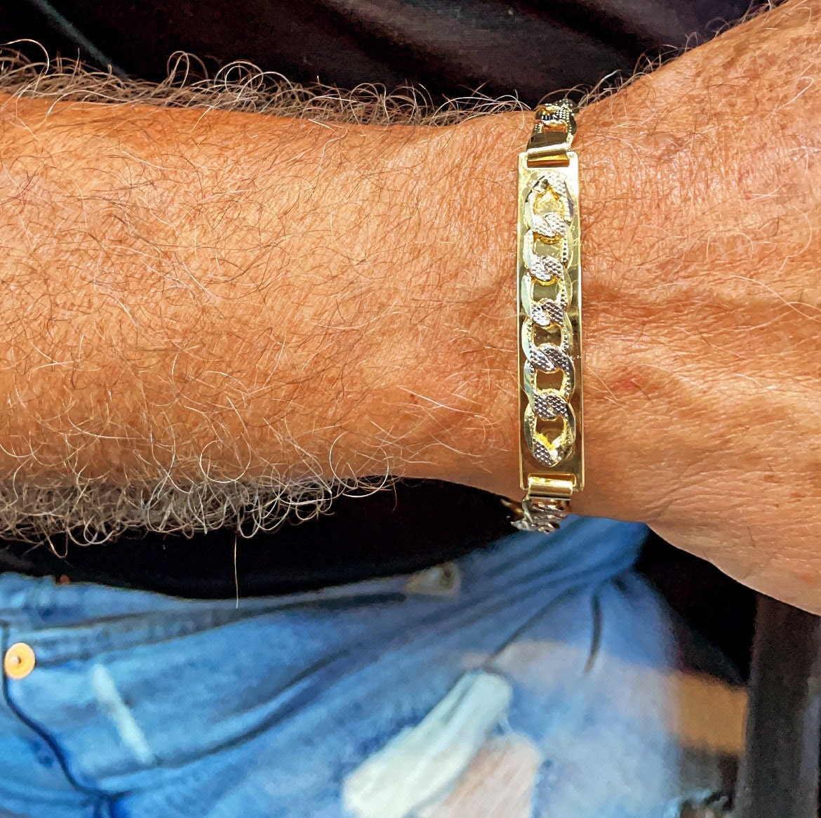 9mm 18k Gold Filled Two Tone Unisex ID Bracelet Featuring Curb Chain Detail