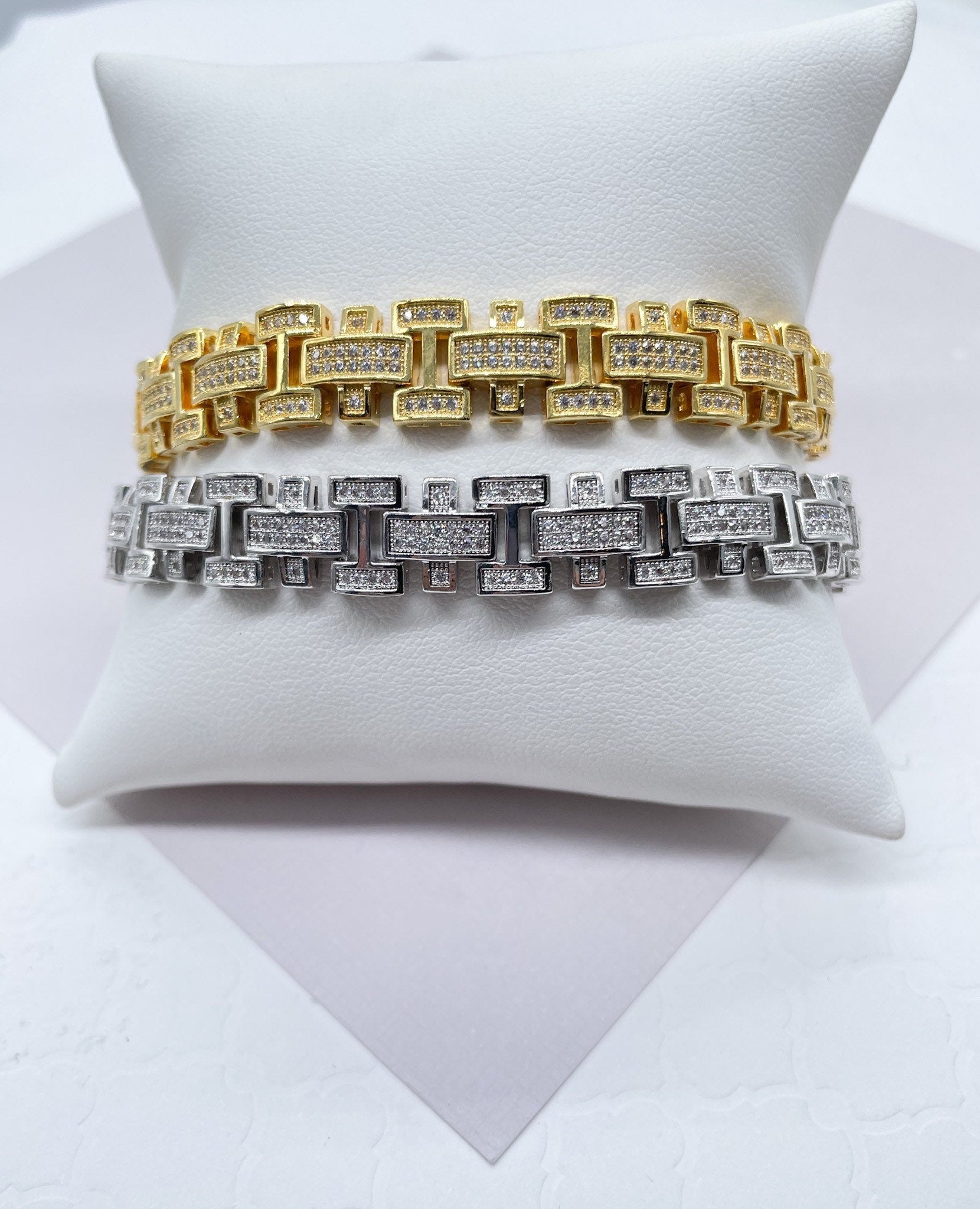 9mm Hip Hop Iced 18k Gold Filled Micro Pave Clear Cubic Zirconia Vintage Link Men’s Bracelet Jewelry