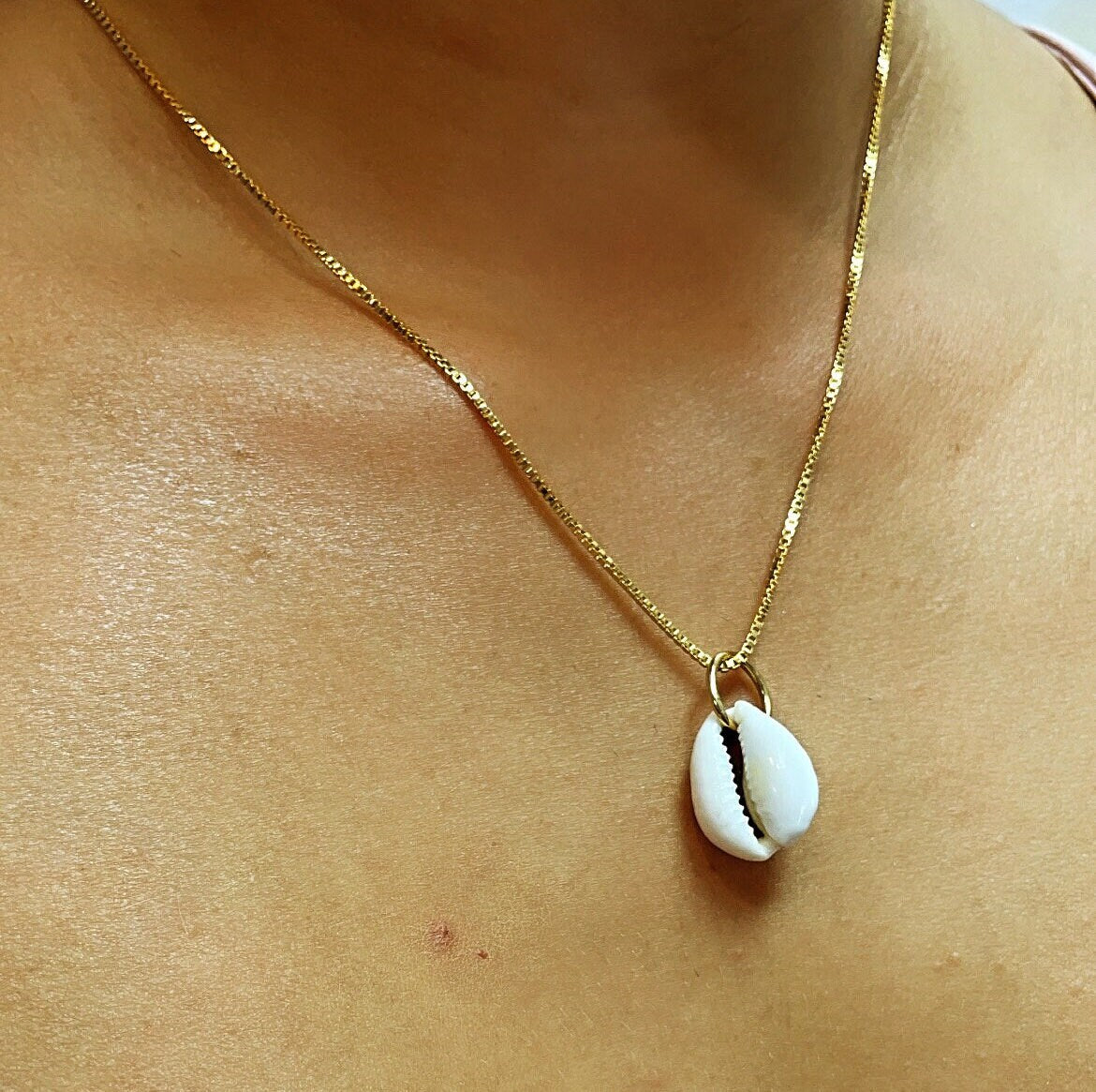 18k Gold Filled Box Chain With White Cowrie Shell Charm Necklace, Protection Pendant, Supplies