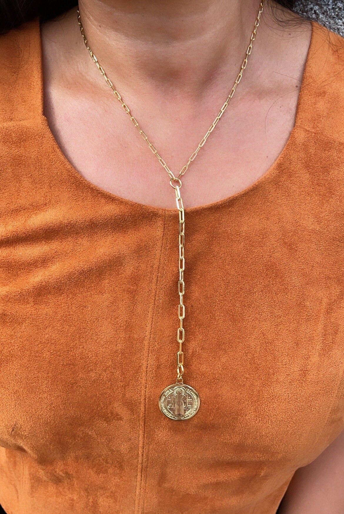 18k Gold Filled Paper Clip Chain Necklace Featuring Large Saint Benedict Pendant, San Benito Medalla Charm In Lariat Necklace