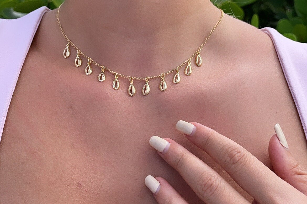 18k Gold Filled Dainty Chain with Eleven Extra Light Cowrie Shell Charms,
