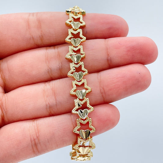 18k Gold Filled Hallowed Star and Attached Heart Engraved Pattern Bracelet For