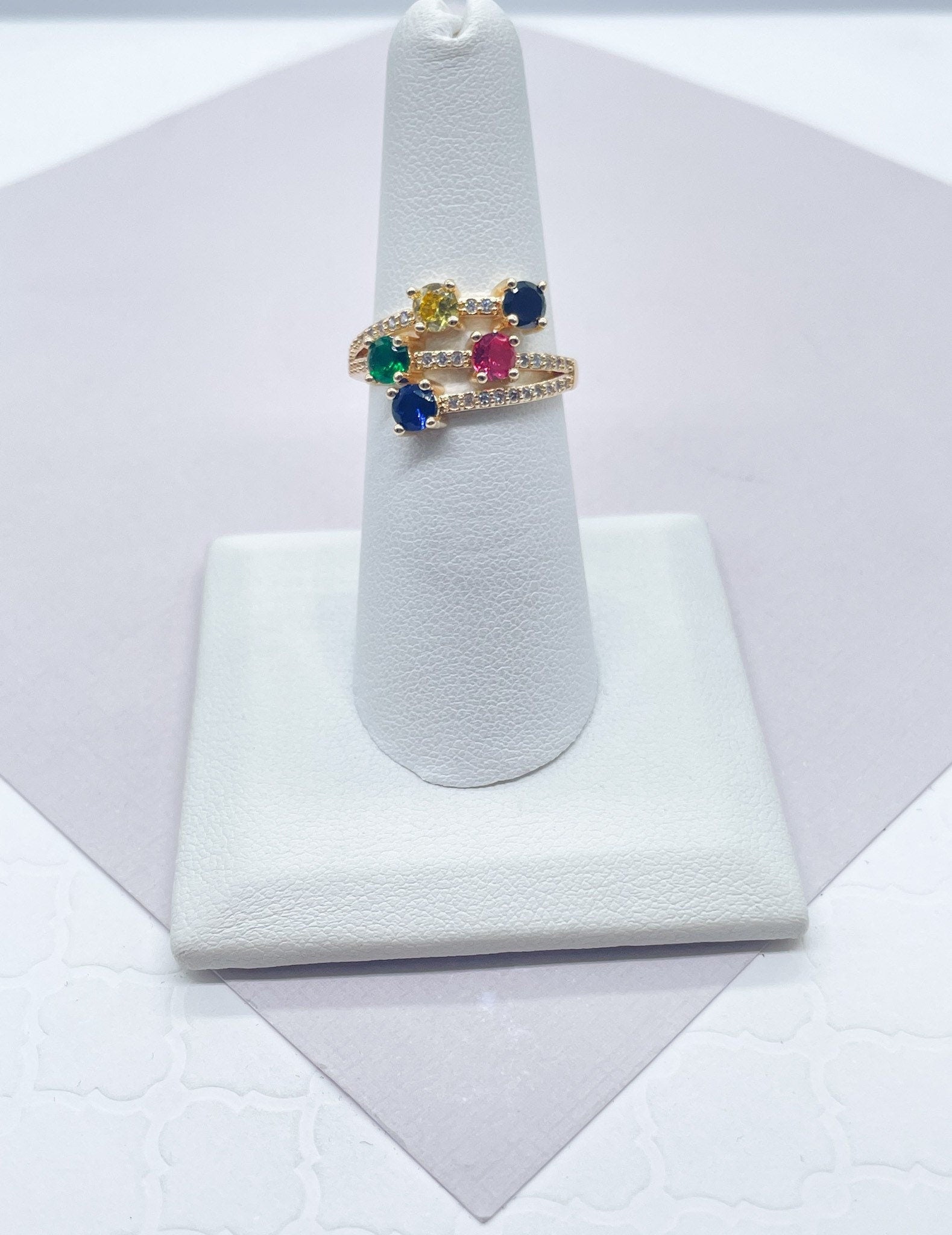 18k Gold Filled with Five Multi Color Cubic Zirconia Stones Ring Details In Clear Micro Pave Cubic Zirconia