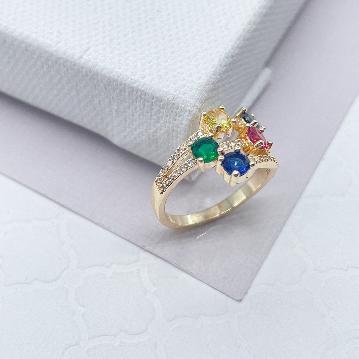 18k Gold Filled with Five Multi Color Cubic Zirconia Stones Ring Details In Clear Micro Pave Cubic Zirconia